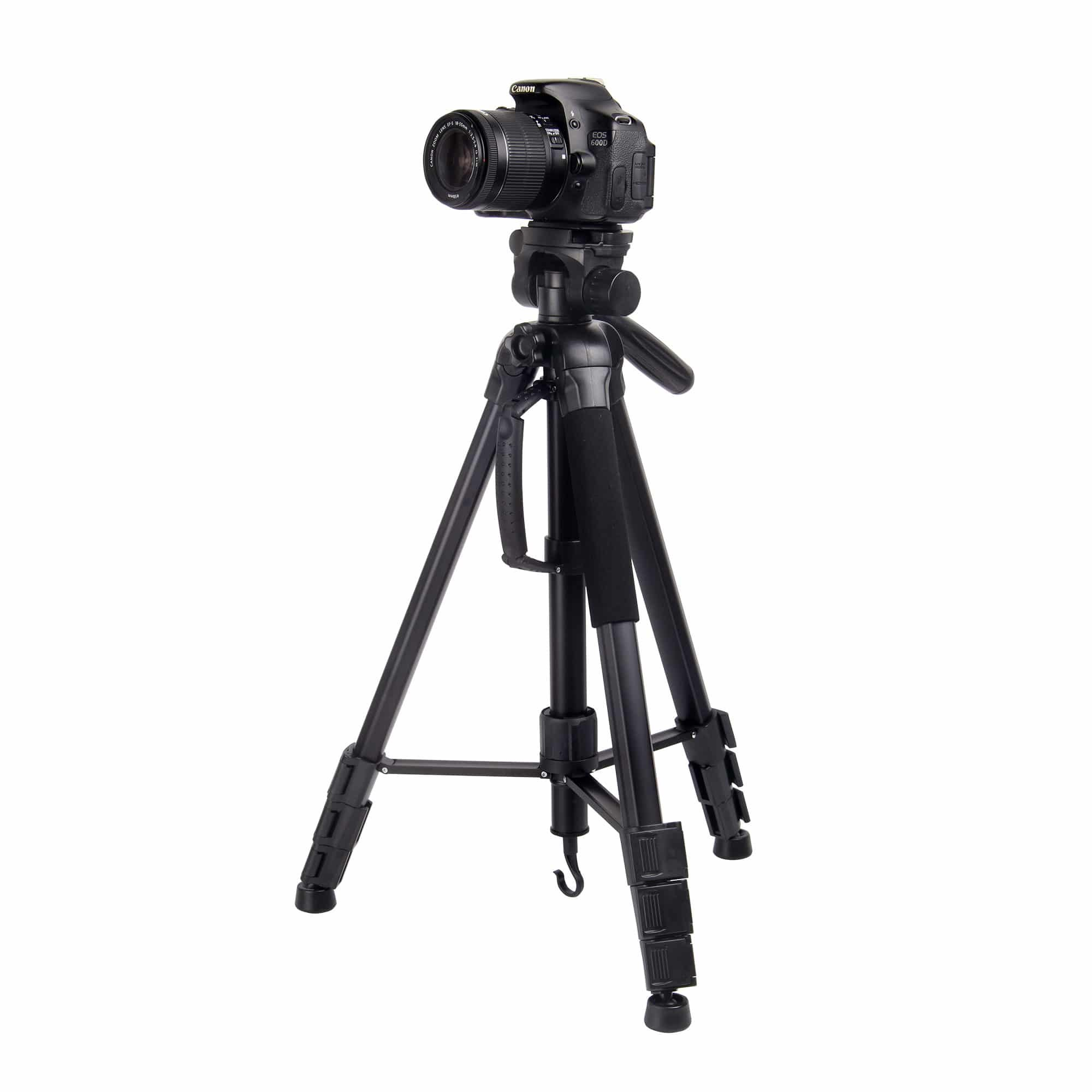 A black DSLR camera mounted on a sturdy black tripod against a white background.