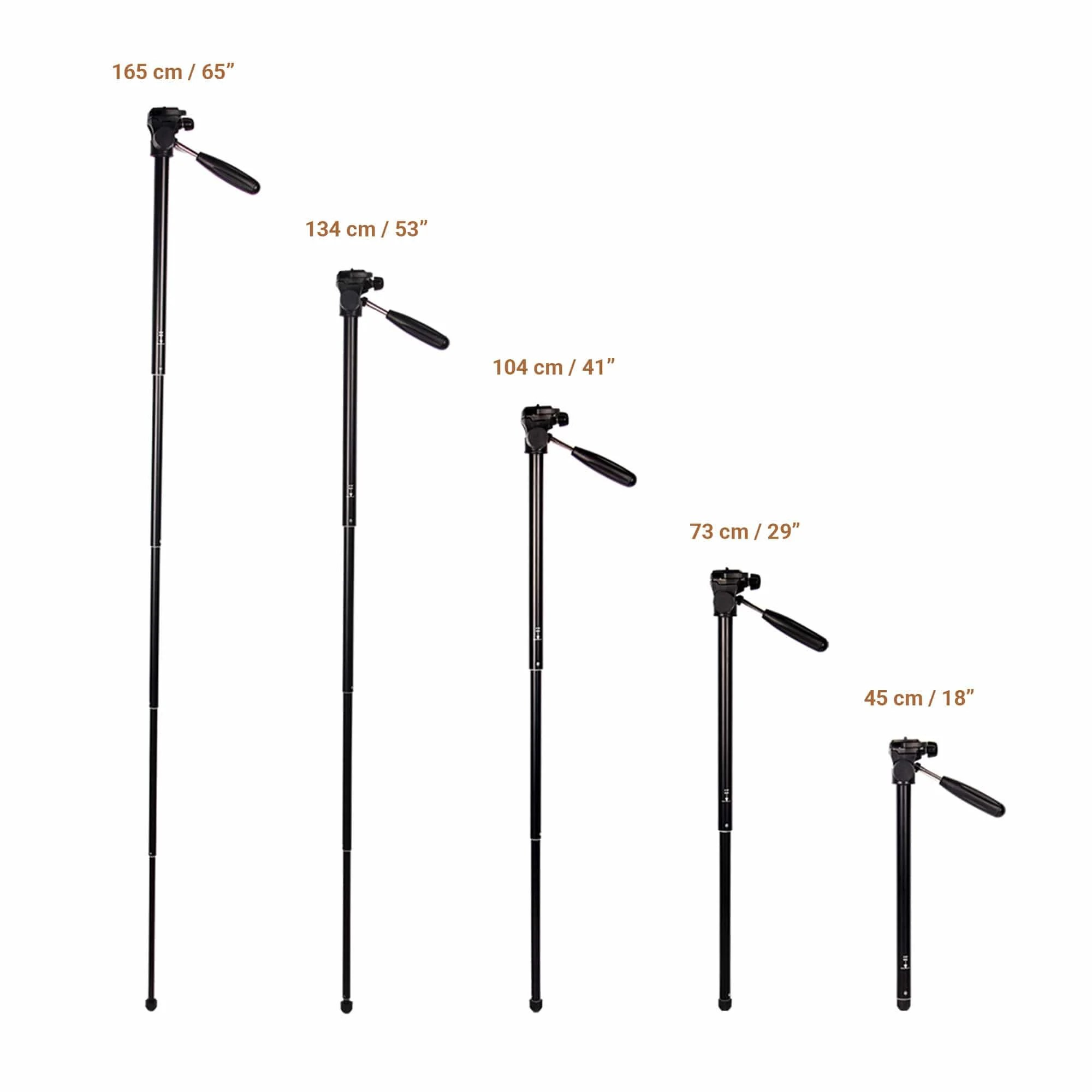 Five black monopods shown at different heights with corresponding measurements from 45 cm to 165 cm.