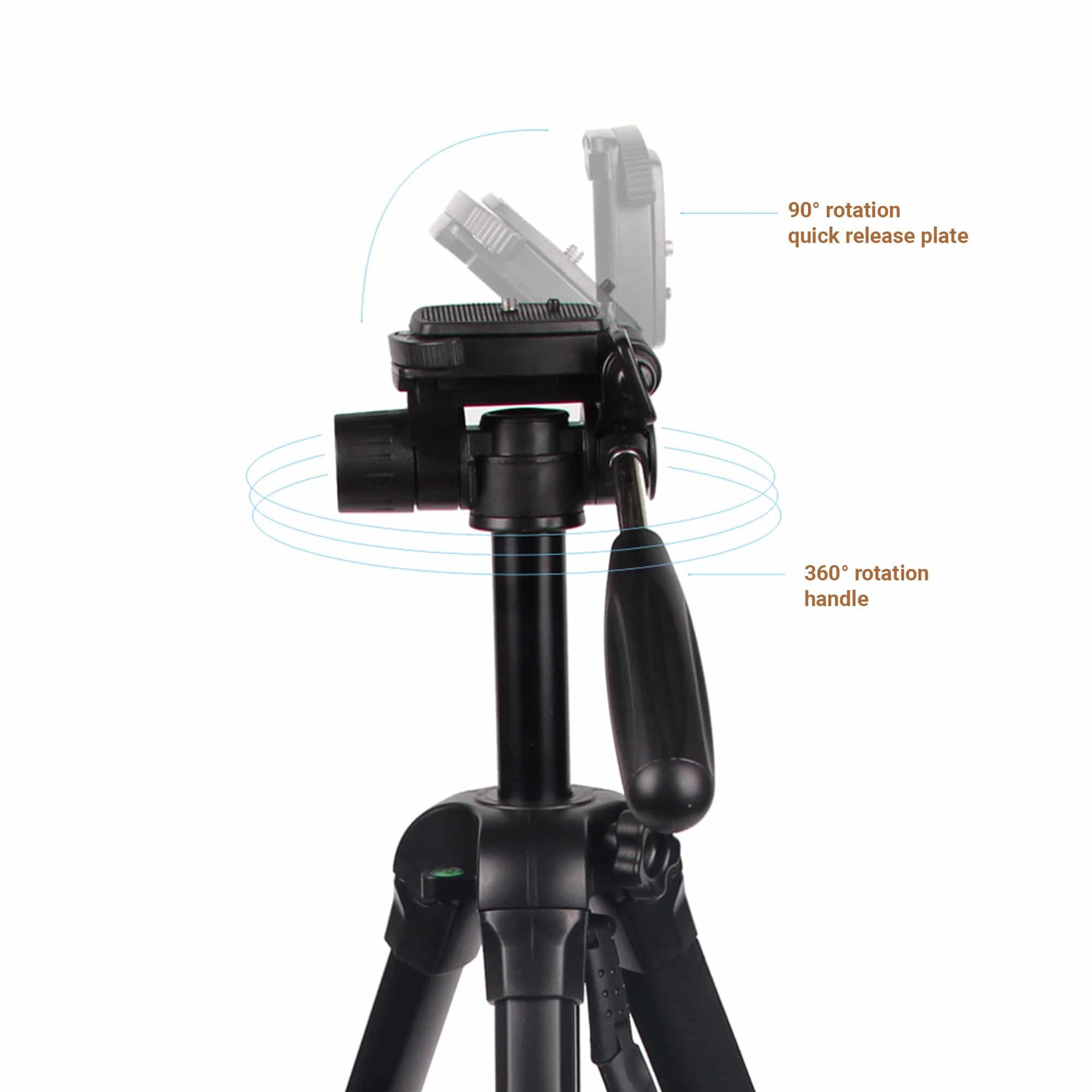 Tripod head featuring a 90-degree quick release plate and 360-degree rotation handle on a white background.