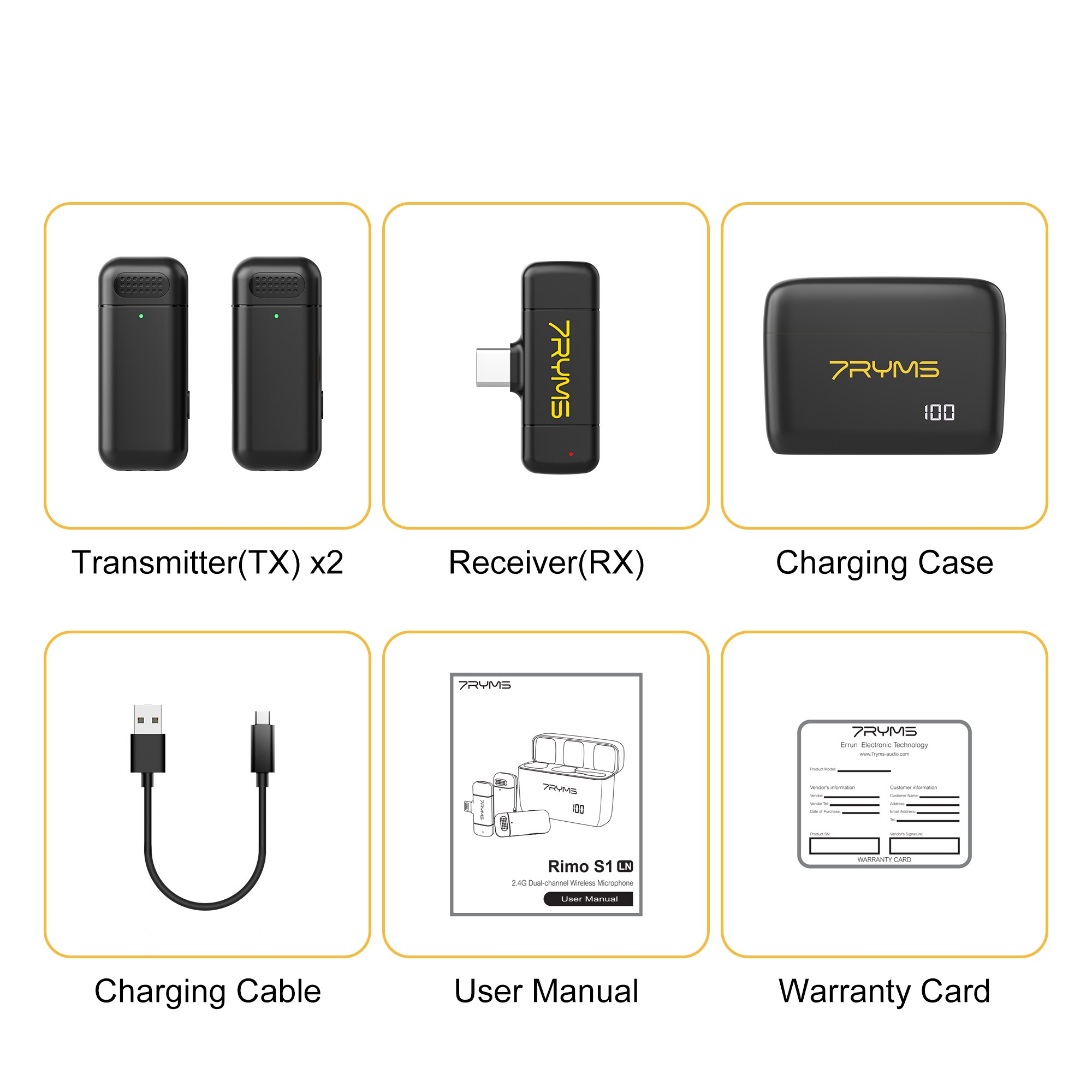 Produktinhalt: zwei Sender, ein Empfaenger, Ladecase, Kabel, Handbuch und Garantiekarte.