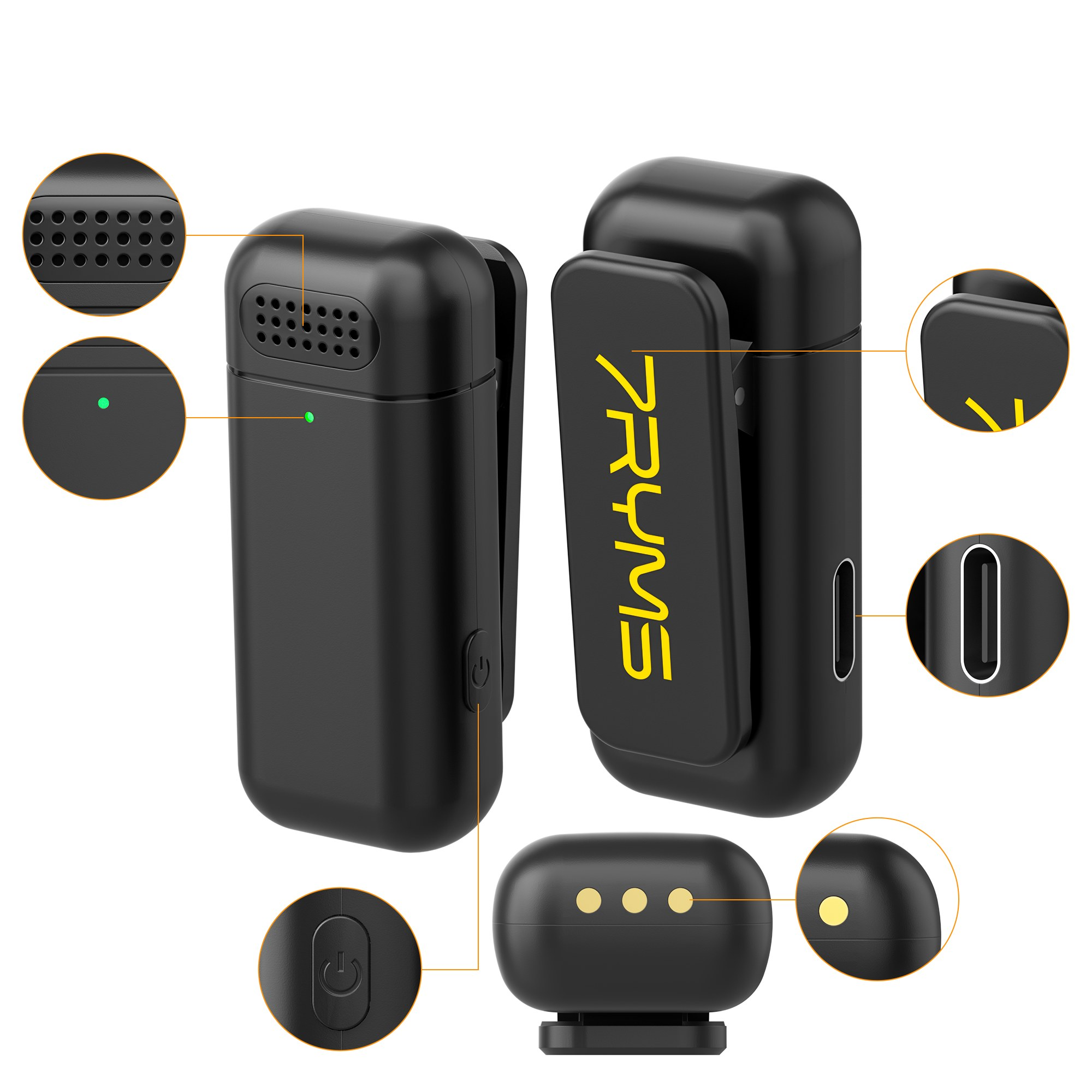 Zwei schwarze drahtlose Mikrofone mit Clips, Tasten und Detailkreisen.
