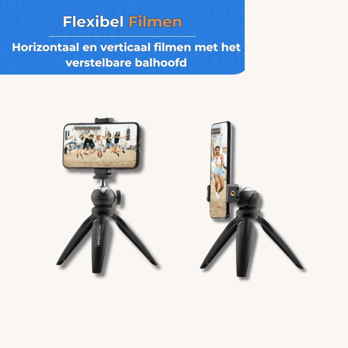 A black mini tripod holds a smartphone in both horizontal and vertical orientations.