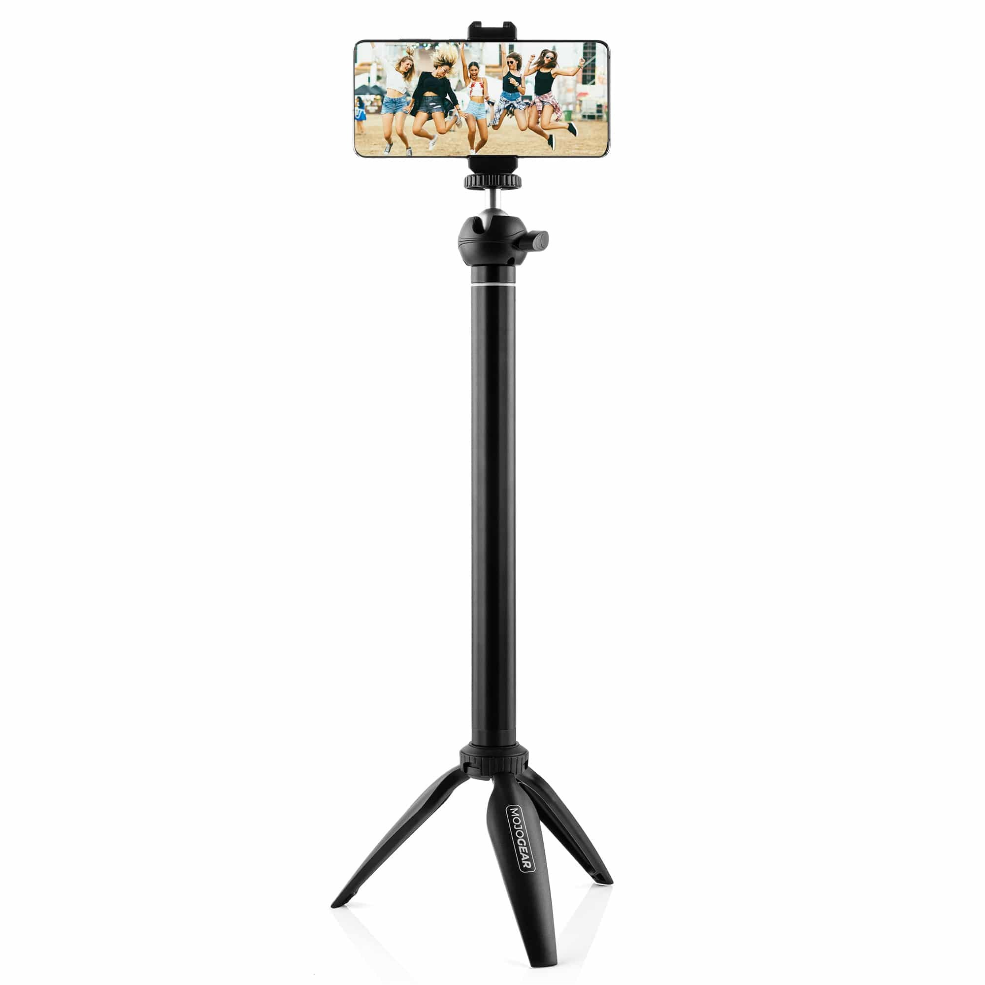 A black smartphone tripod with a mounted phone displaying a dancing group on the screen.