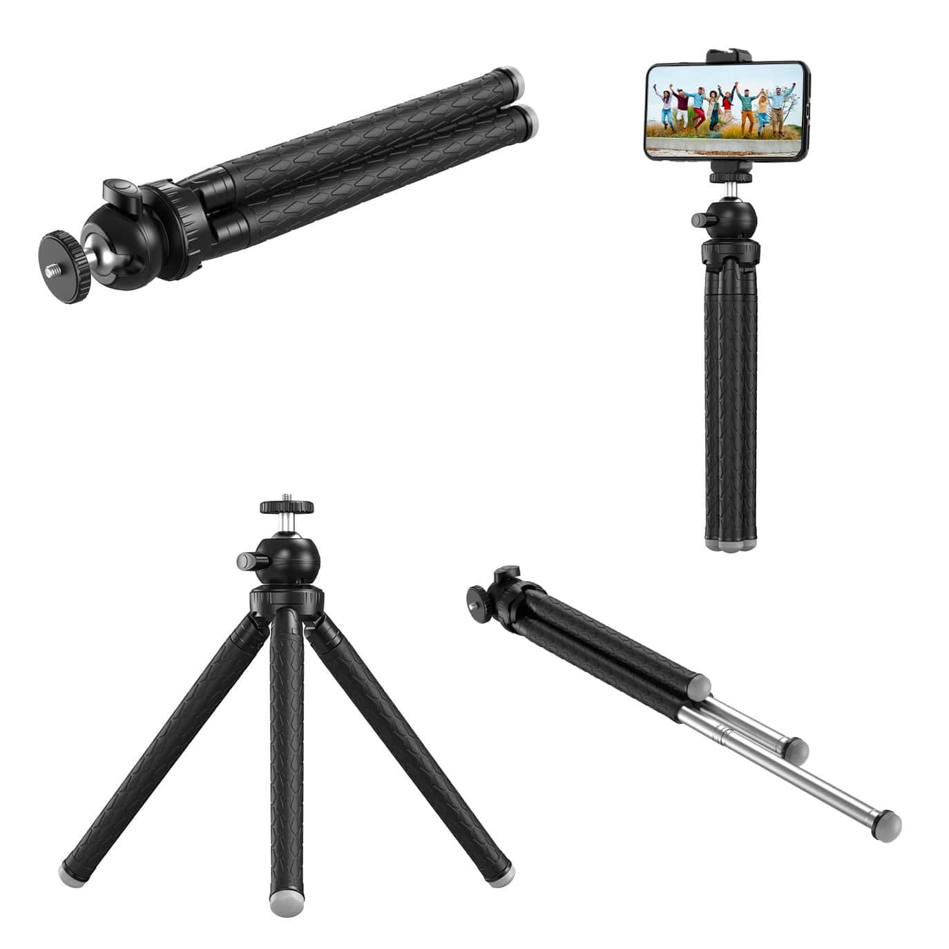 Flexible black mini tripod for smartphones shown in various positions.