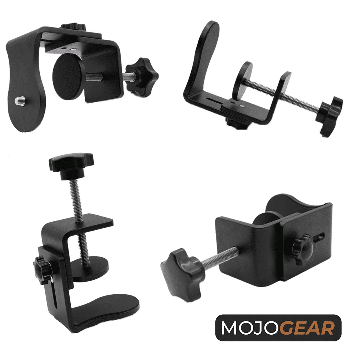Four views of an adjustable black metal desk clamp with turning knobs on a white background.
