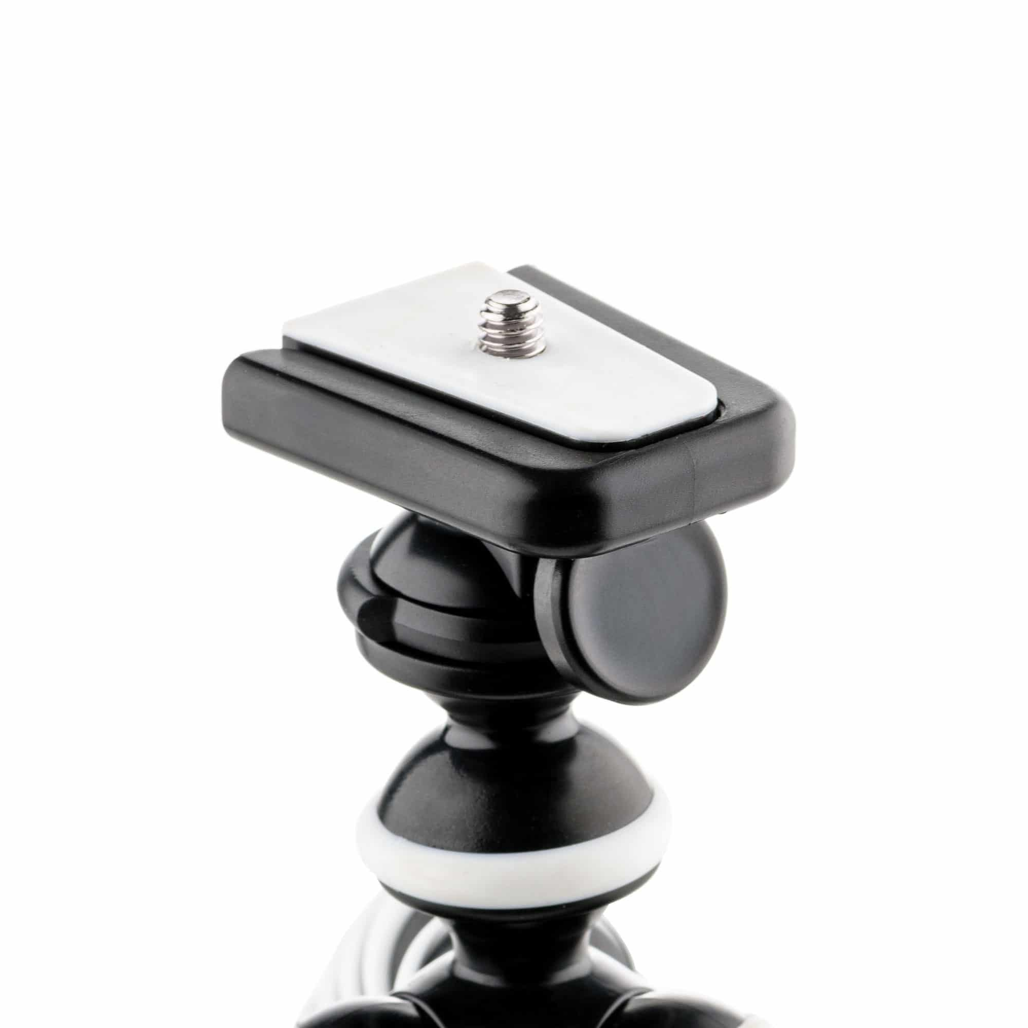 Black tripod mount with a white quick-release plate and screw.