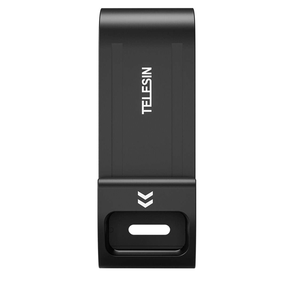 A black Telesin clip featuring the brand name and double white arrows on the front.