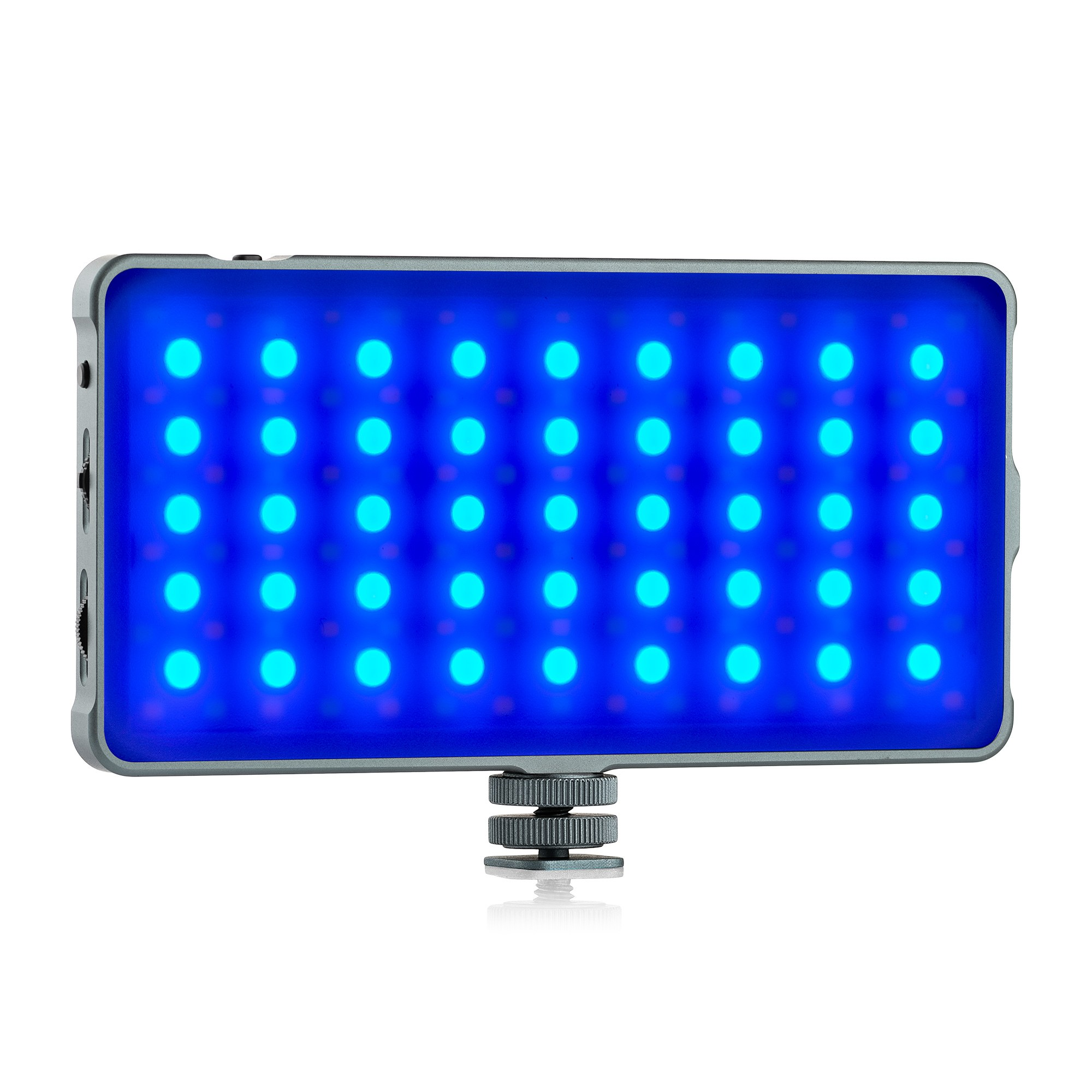 A rectangular LED panel with a grey frame displays a grid of bright blue lights against a white background.