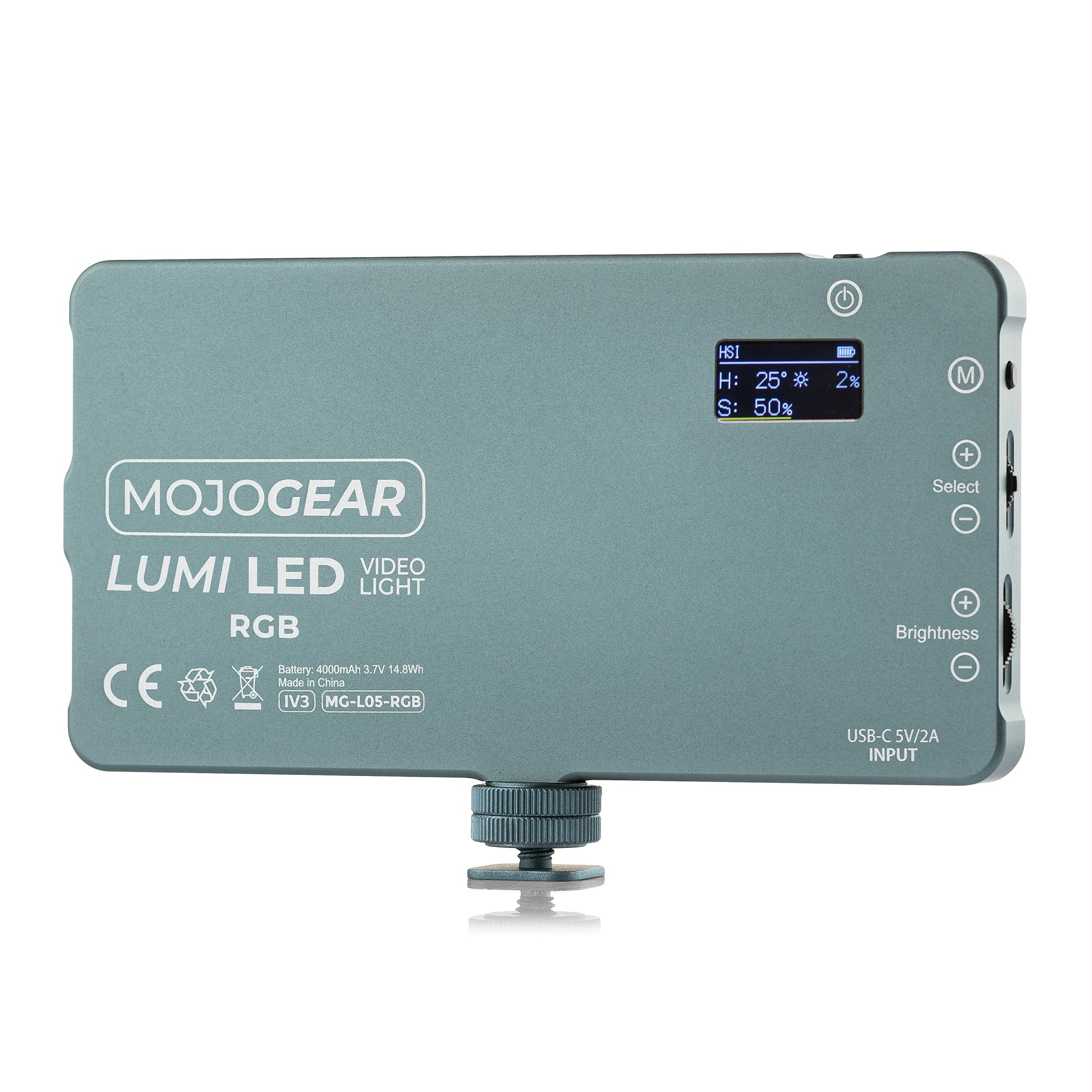 A grey Mojogear Lumi LED RGB video light with an OLED screen, control buttons, and a mount on a white background.