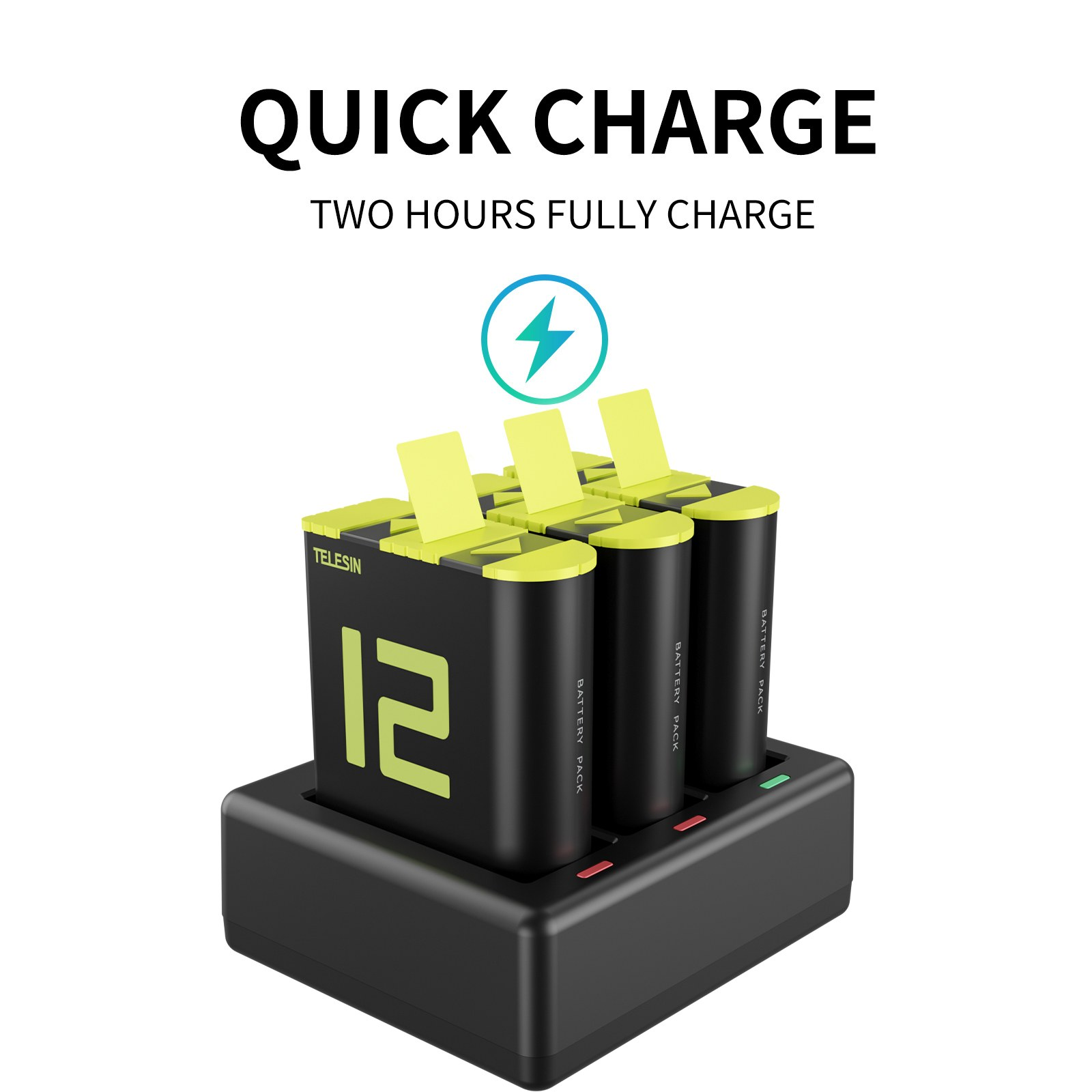 Quick charge device with three black batteries on a white background with text.