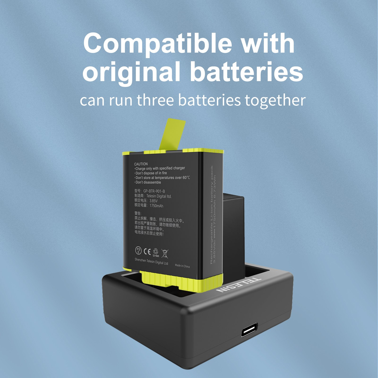 A black Telesin charger with inserted batteries against a blue background and white text.