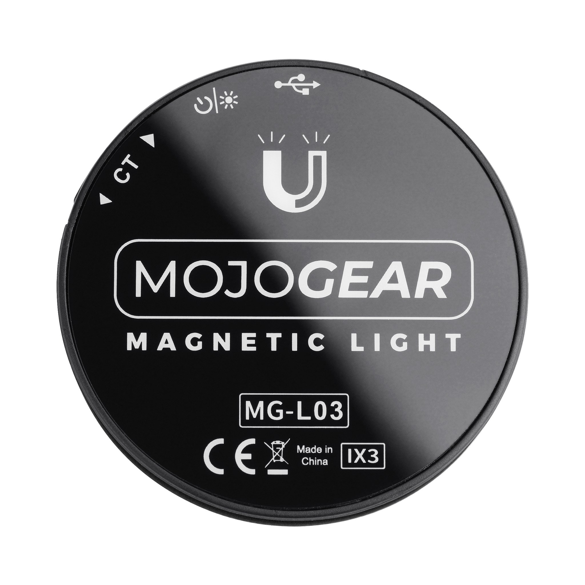 Back of a black Mojogear magnetic light MG-L03 featuring white icons and text.