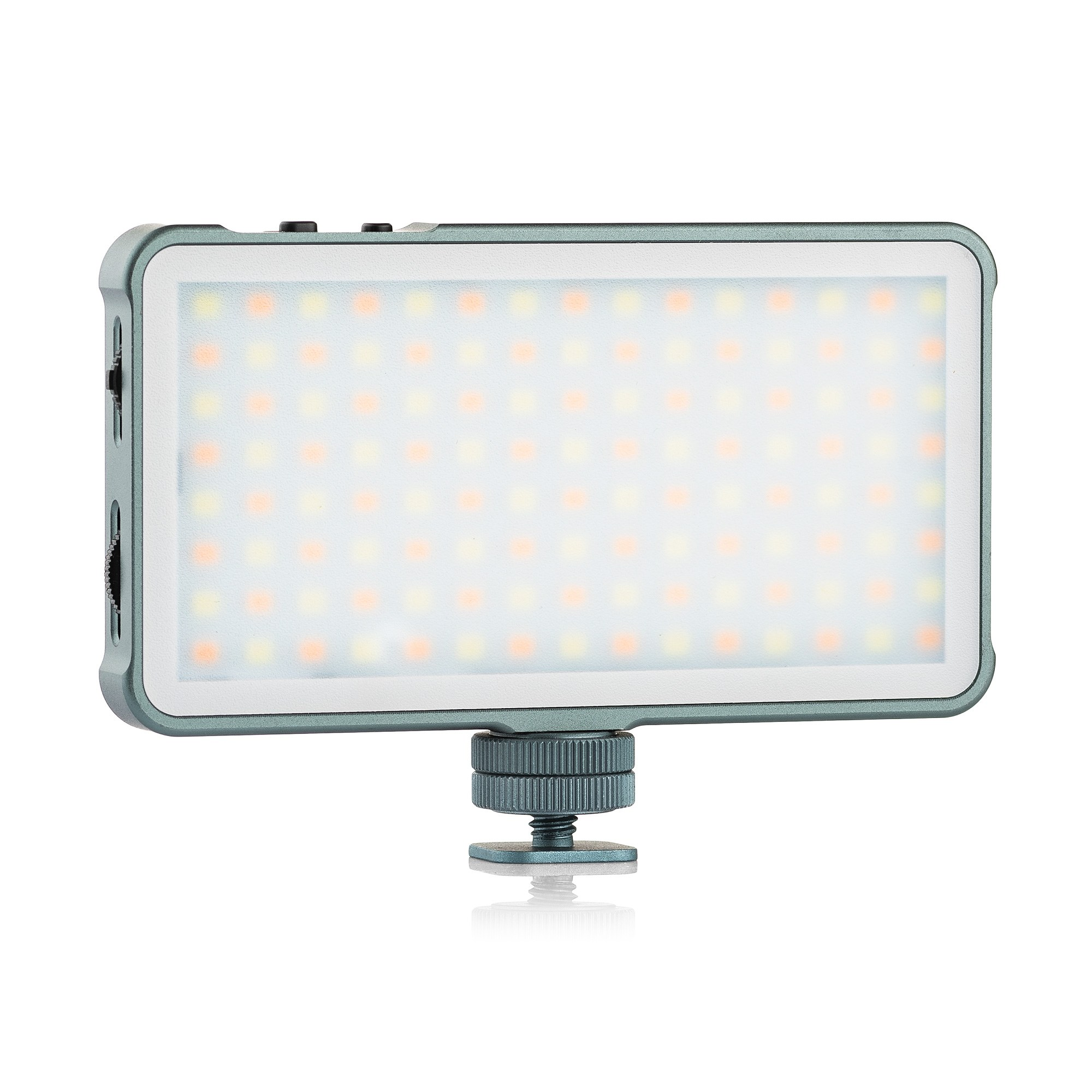 Portable LED panel with a gray housing and adjustable mount on a white background.