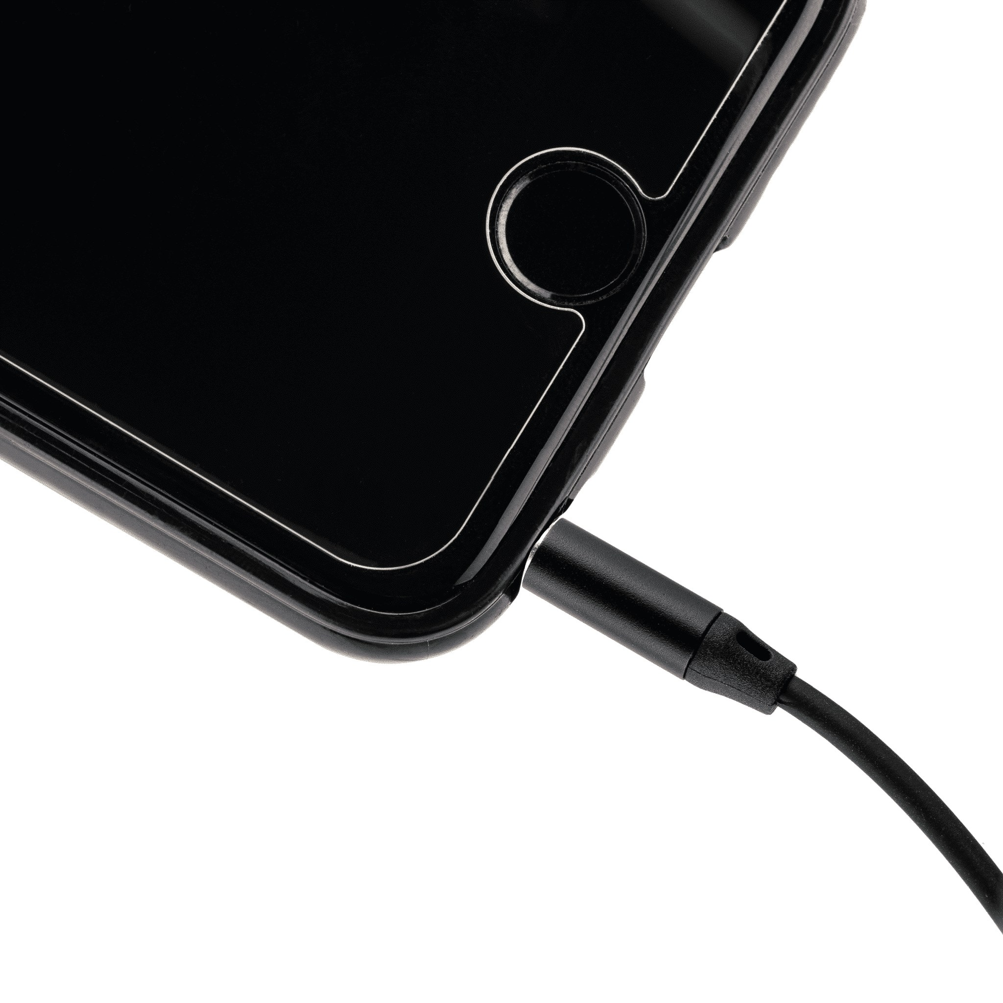 A black smartphone with an audio cable plugged into the headphone jack, isolated against a white background.