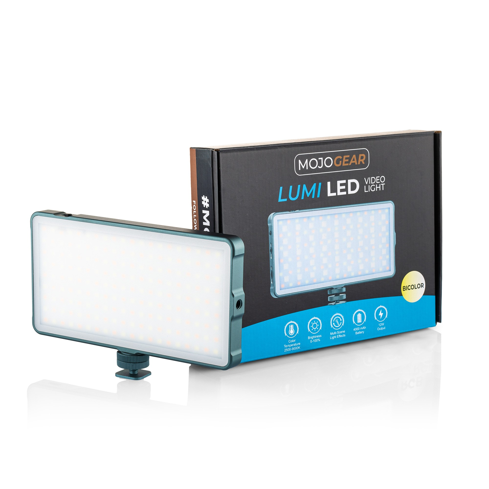 A teal MojoGear Lumi LED video light stands diagonally in front of its black packaging box.