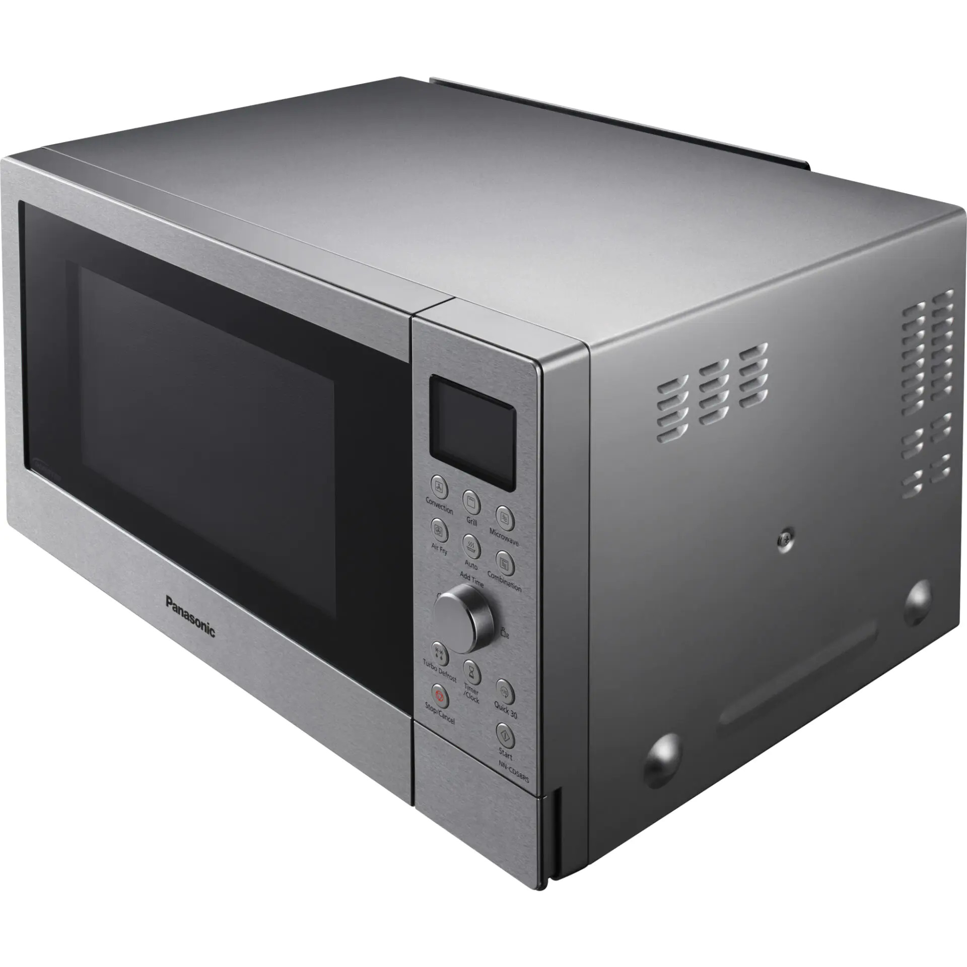 Srebrna mikrofalówka Panasonic z cyfrowym wyświetlaczem i klawiaturą po prawej stronie, na białym tle.