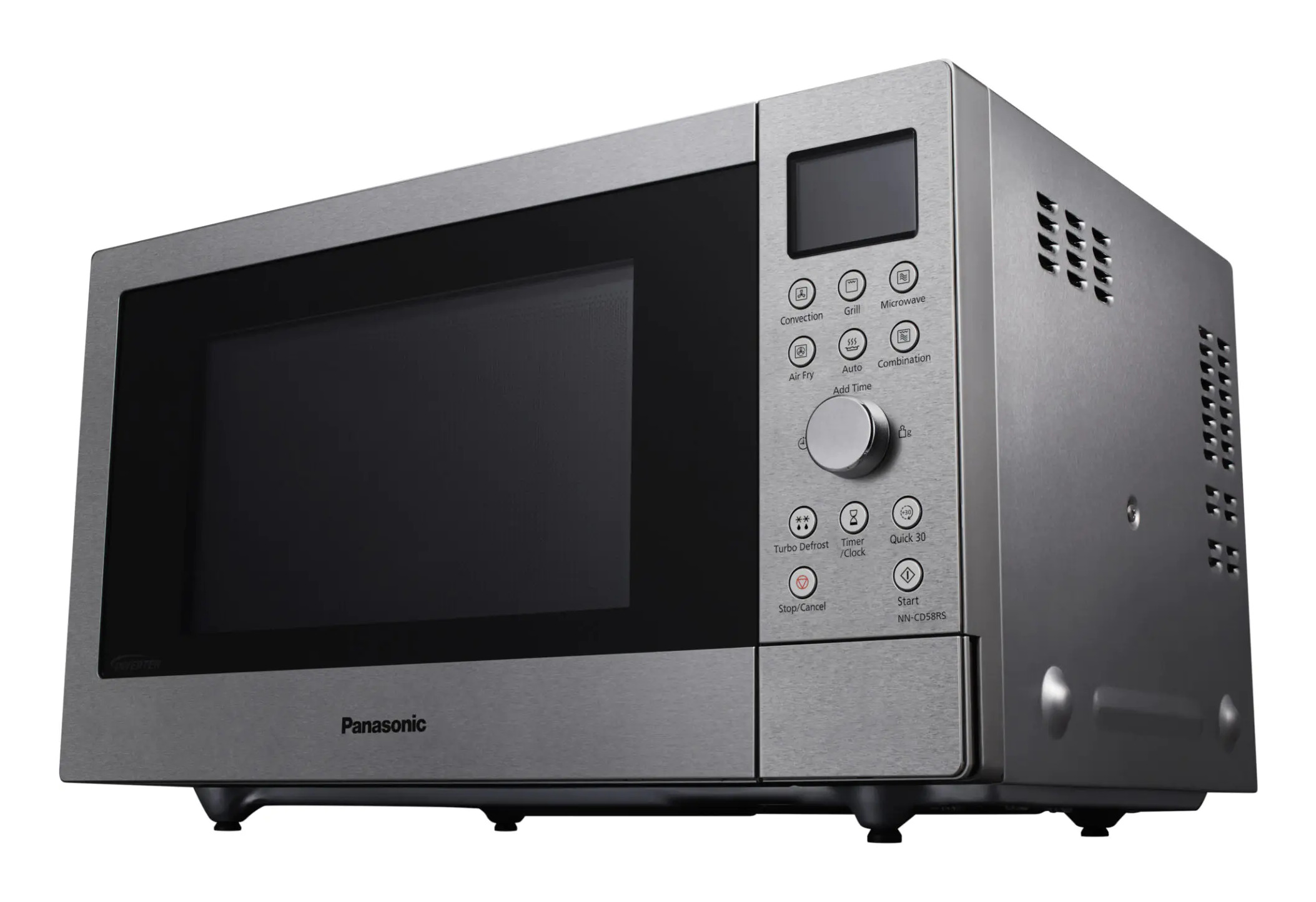 Srebrna mikrofalówka Panasonic z cyfrowym wyświetlaczem i pokrętłem po prawej stronie.