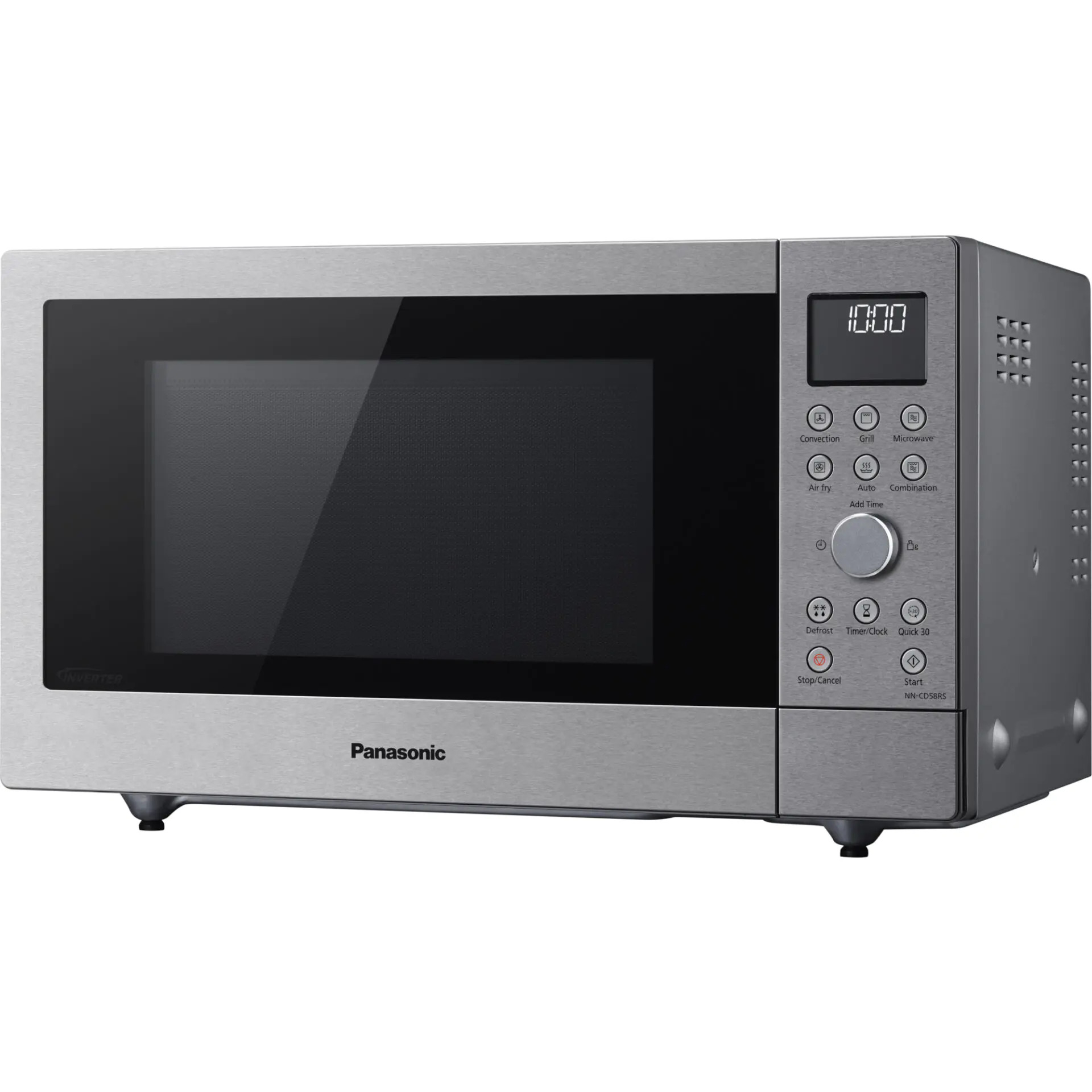 Srebrna kuchenka mikrofalowa Panasonic z cyfrowym wyświetlaczem i panelem po prawej.