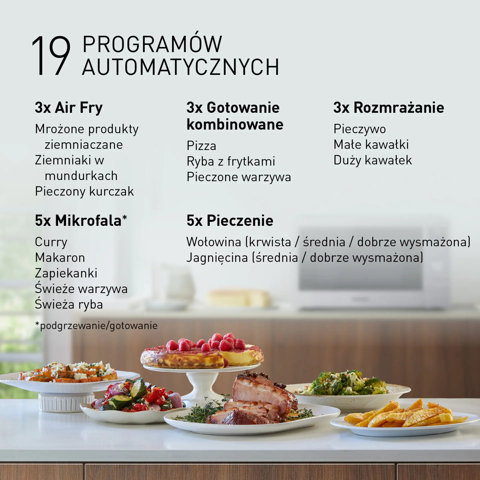 Infografika z 19 programami automatycznymi po polsku, z rozmytą kuchnią i potrawami na pierwszym planie.