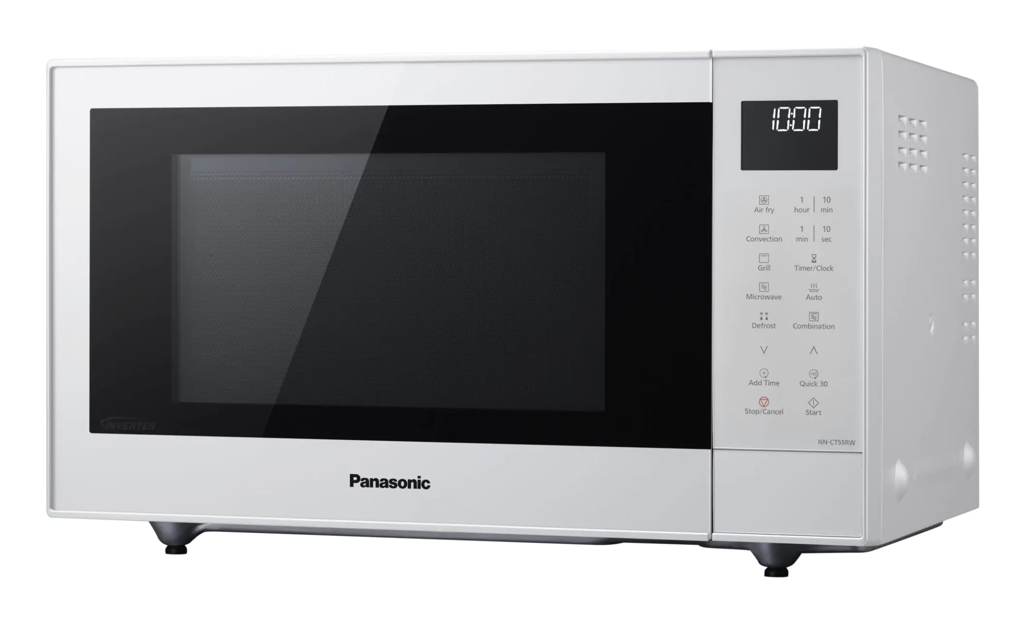 Biała kuchenka mikrofalowa Panasonic z czarnymi drzwiczkami i panelem cyfrowym po prawej stronie na białym tle.