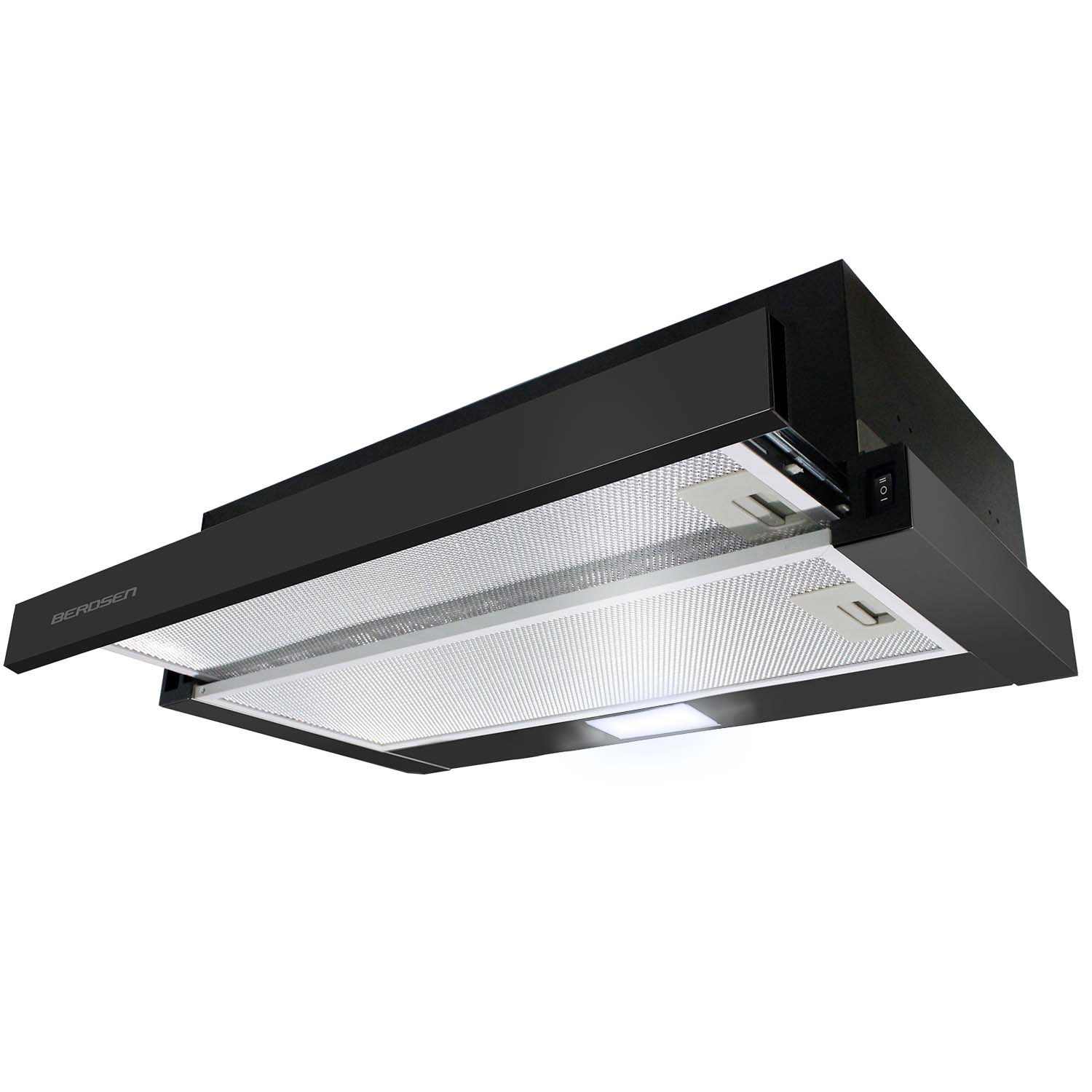 Czarny okap podszafkowy z filtrami metalowymi i oświetleniem LED na białym tle.