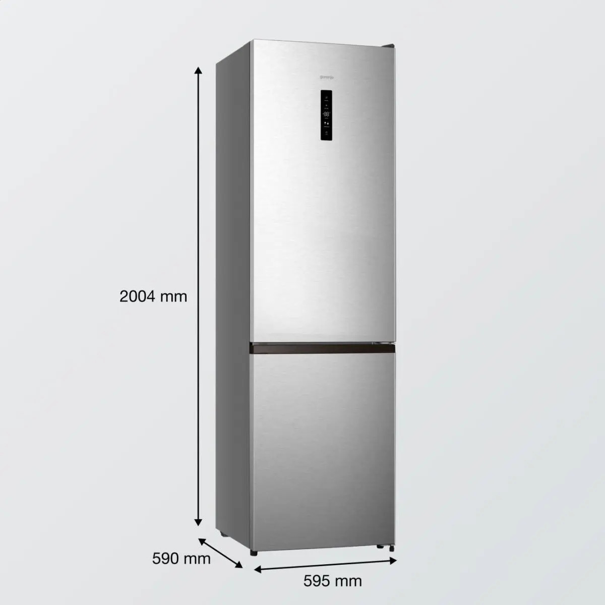 Srebrna lodówka wolnostojąca o wymiarach: 2004 mm wysokości, 595 mm szerokości i 590 mm głębokości.