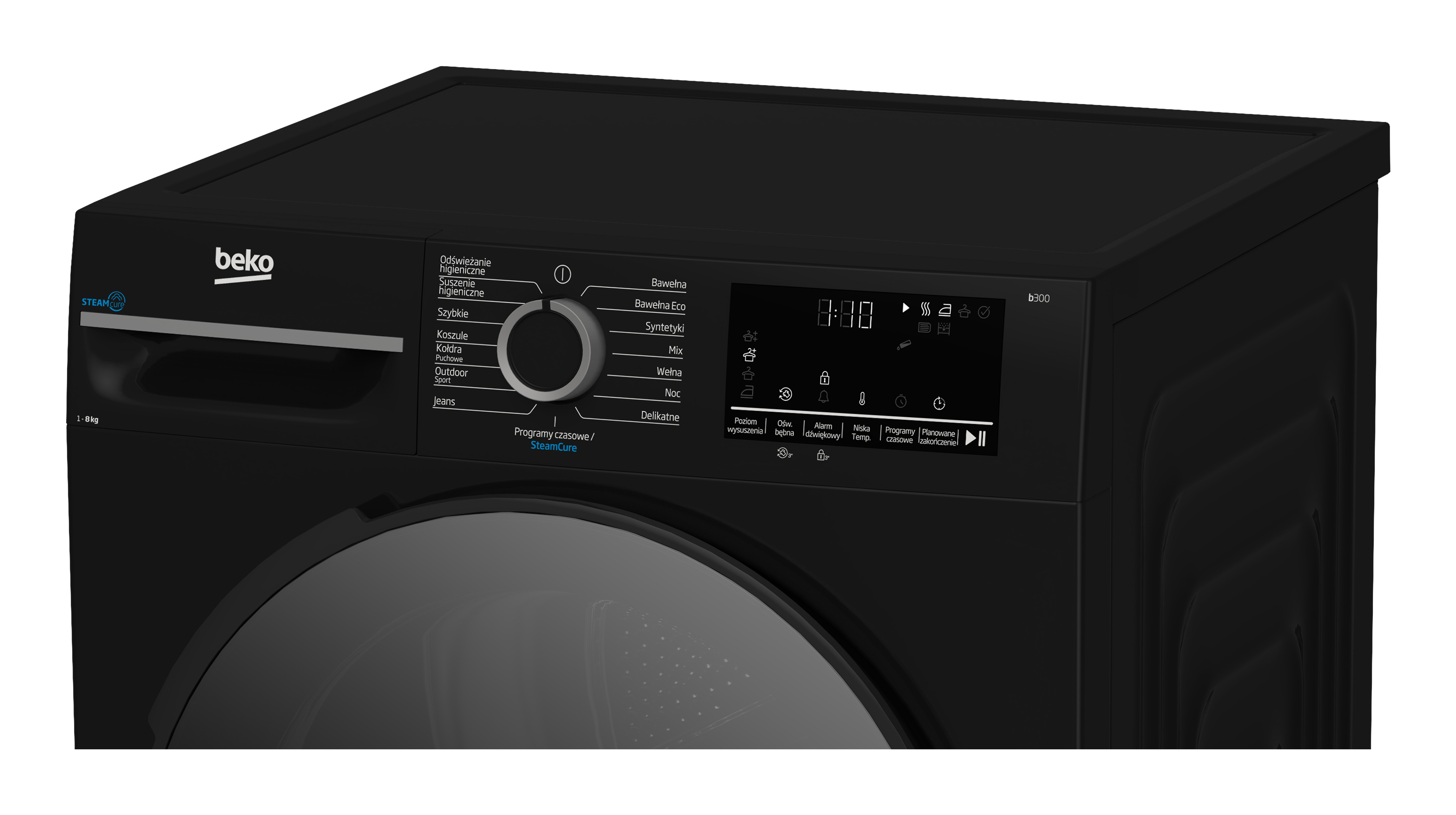 Czarna pralka Beko z pokrętłem sterującym i wyświetlaczem cyfrowym.
