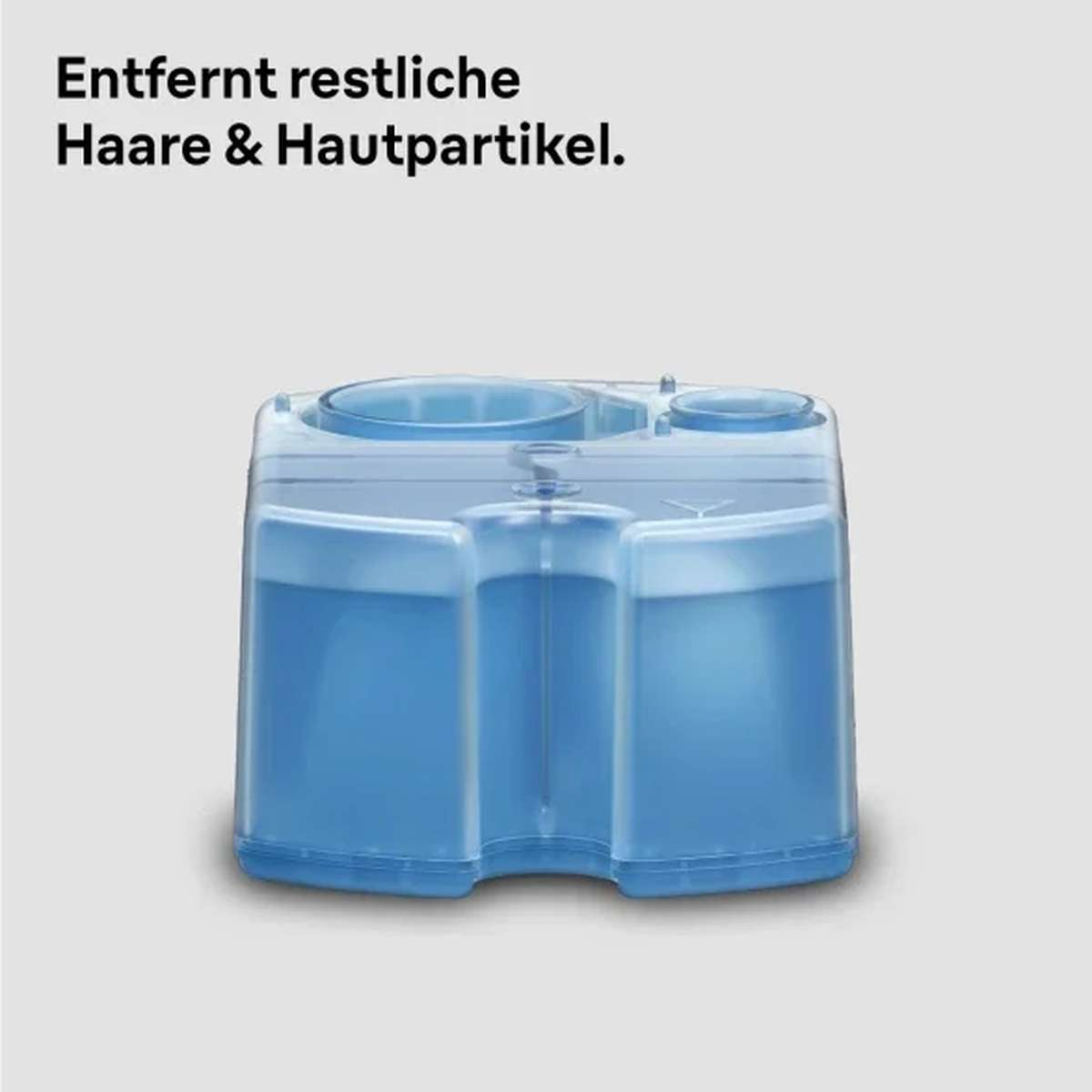 Ein blauer, durchsichtiger Wassertank auf hellem Hintergrund mit deutschem Text oben.