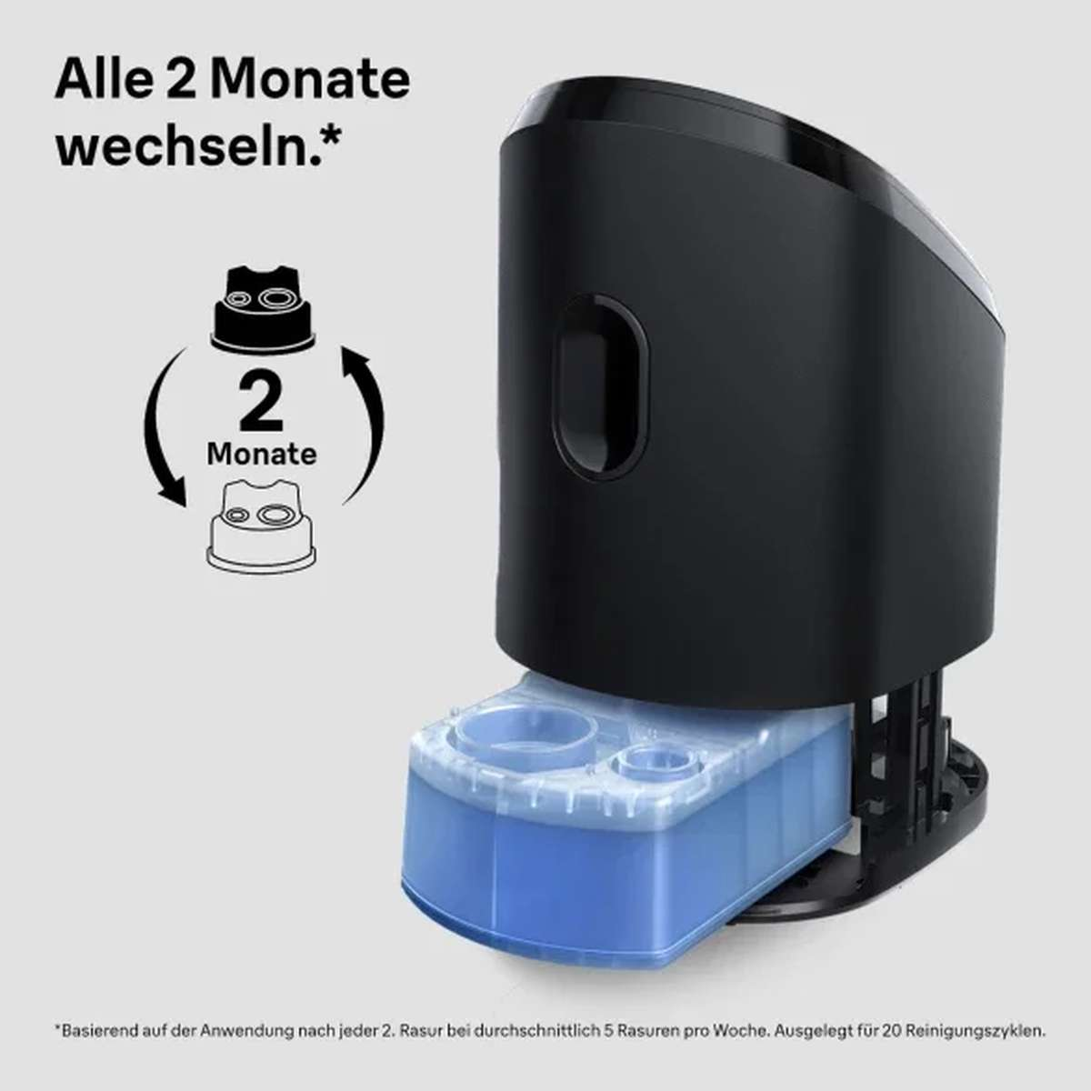 Schwarze Reinigungsstation mit blauer Flüssigkeitskassette und Symbol für den Austausch alle 2 Monate.