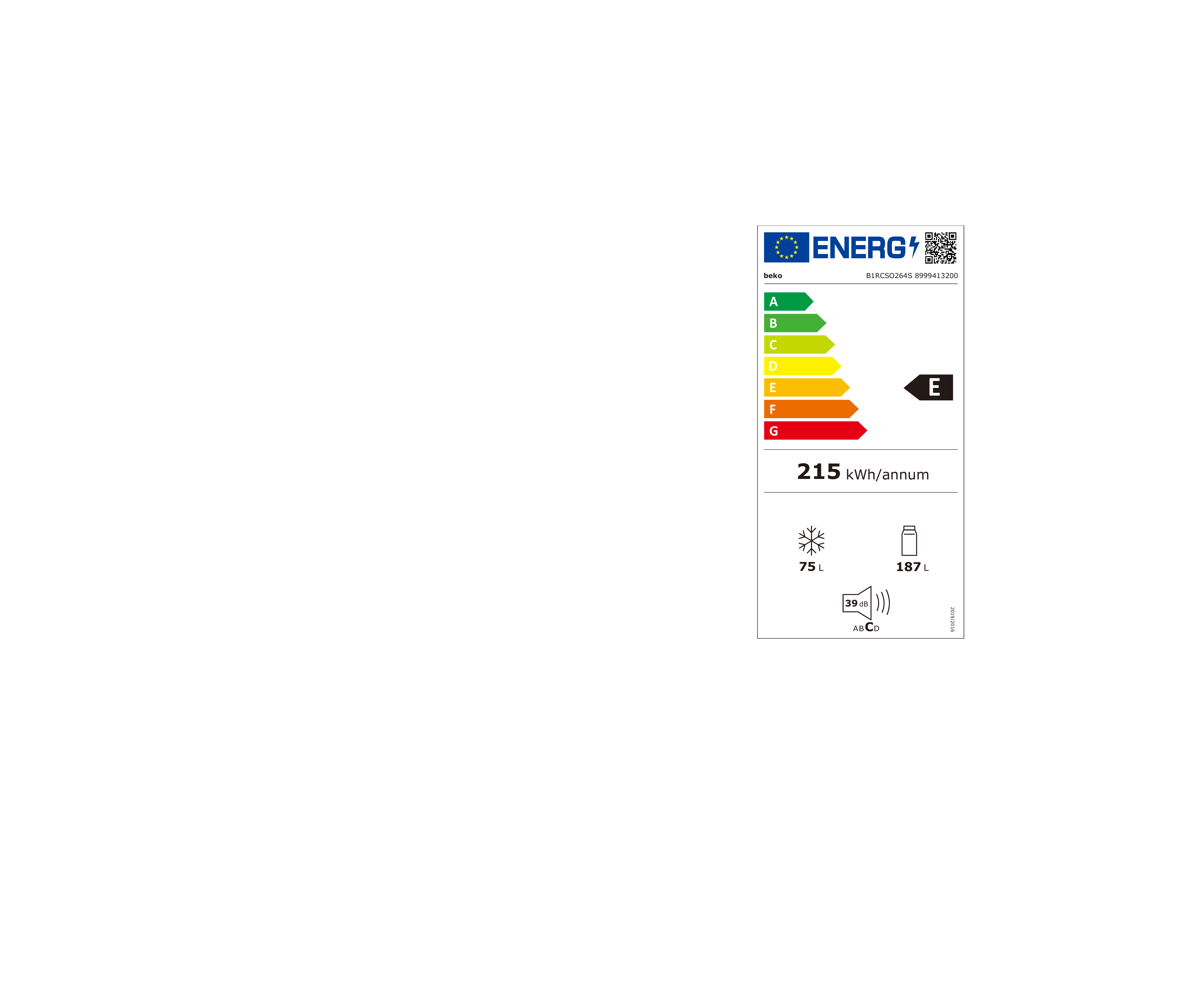 Etykieta energetyczna Beko klasa E, 215 kWh/rok, zamrażarka 75L, lodówka 187L i 39 dB.