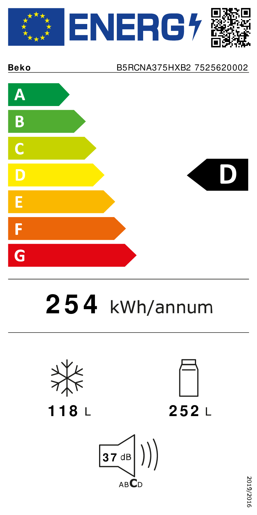 Etykieta energetyczna Beko D: 254 kWh/rok, zamrażarka 118 L, lodówka 252 L, 37 dB.