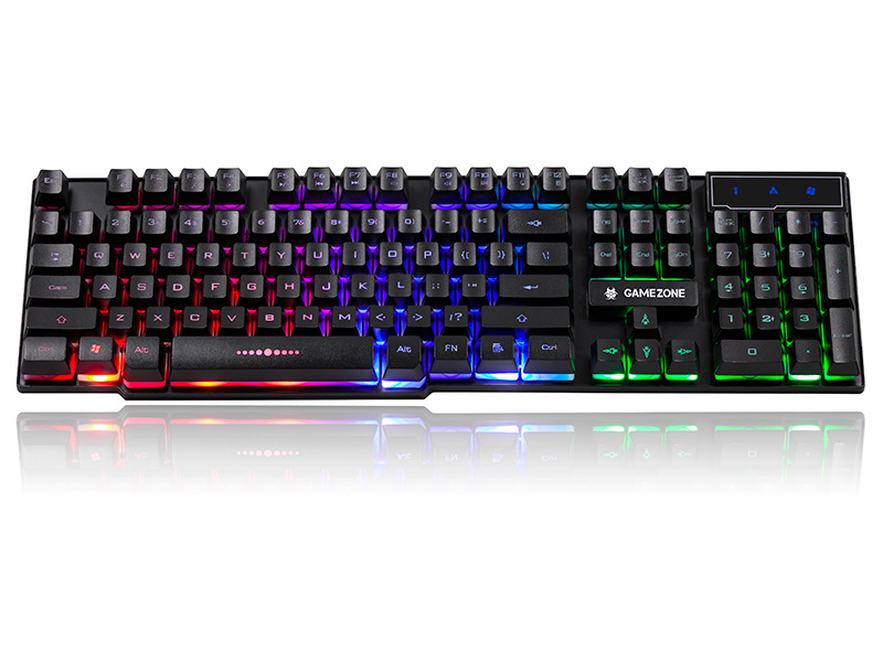 Czarna klawiatura dla graczy z kolorowym podświetleniem RGB na białym tle.