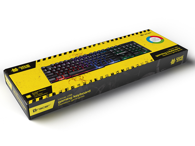 Żółte pudełko klawiatury gamingowej USB Tracer Loccar z kolorowym podświetleniem na białym tle.