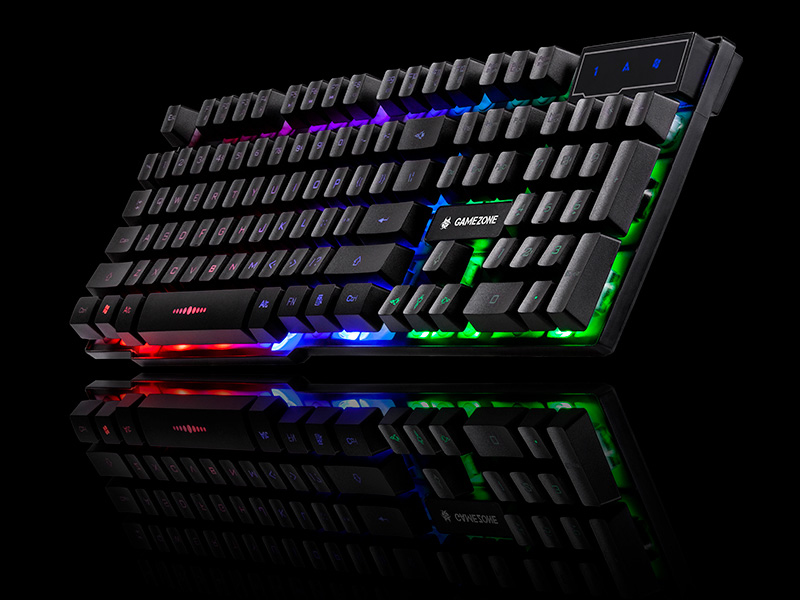 Czarna klawiatura mechaniczna z kolorowym podświetleniem RGB na czarnym tle.