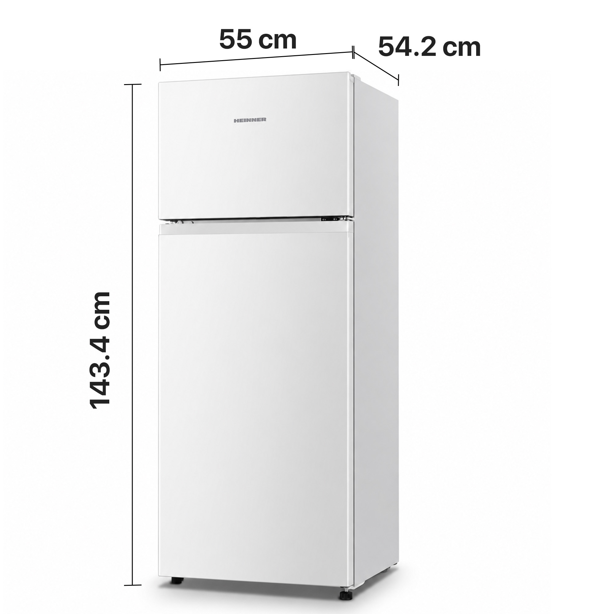 White Heinner refrigerator with dimensions: 143.4 cm height, 55 cm width, and 54.2 cm depth.
