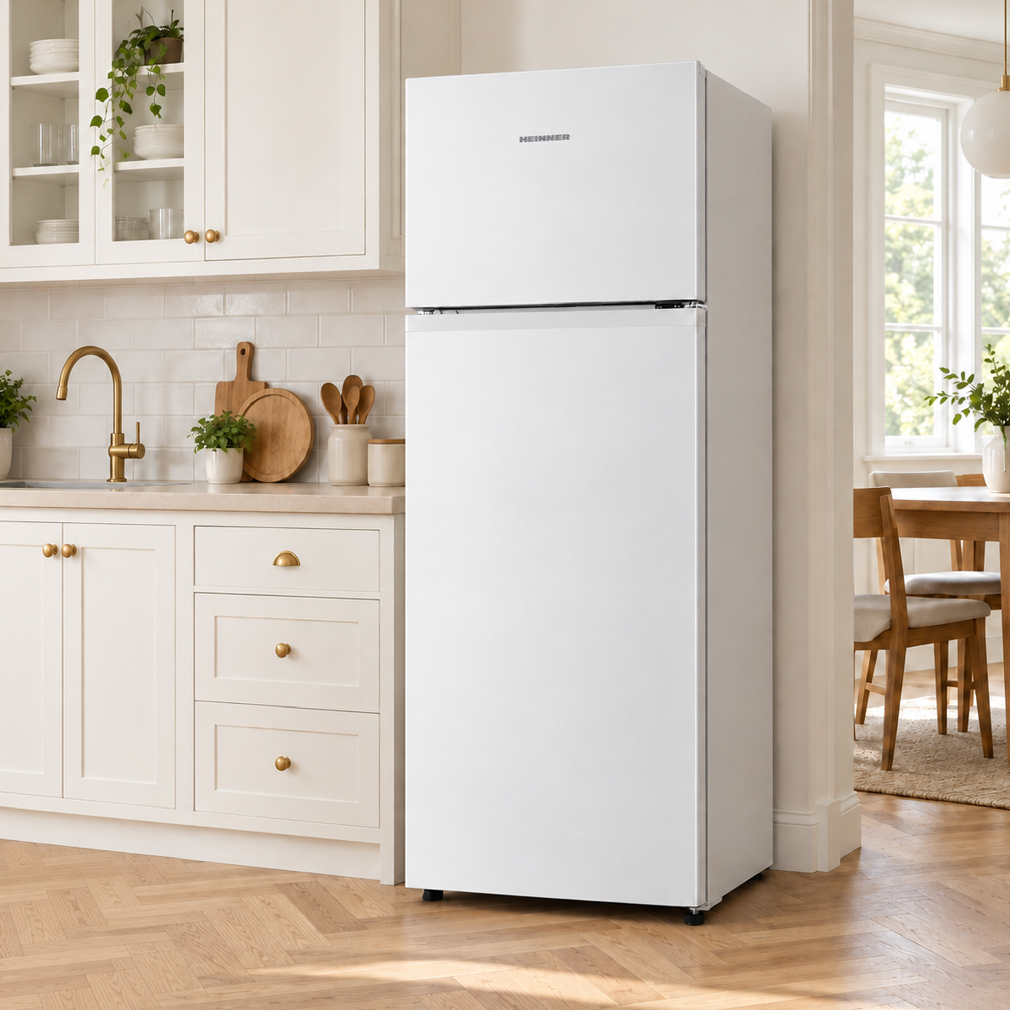 A white Heinner refrigerator stands in a bright, modern kitchen with wooden floors and white cabinets.