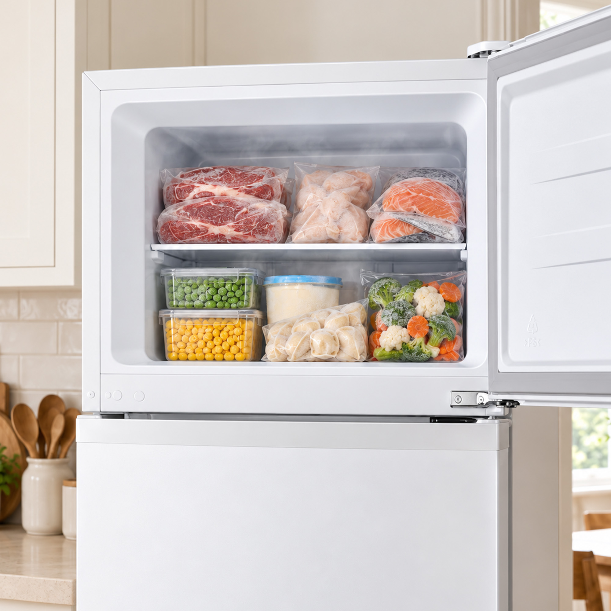 An open freezer filled with frozen meat, fish, peas, corn, dumplings, and mixed vegetables on shelves.
