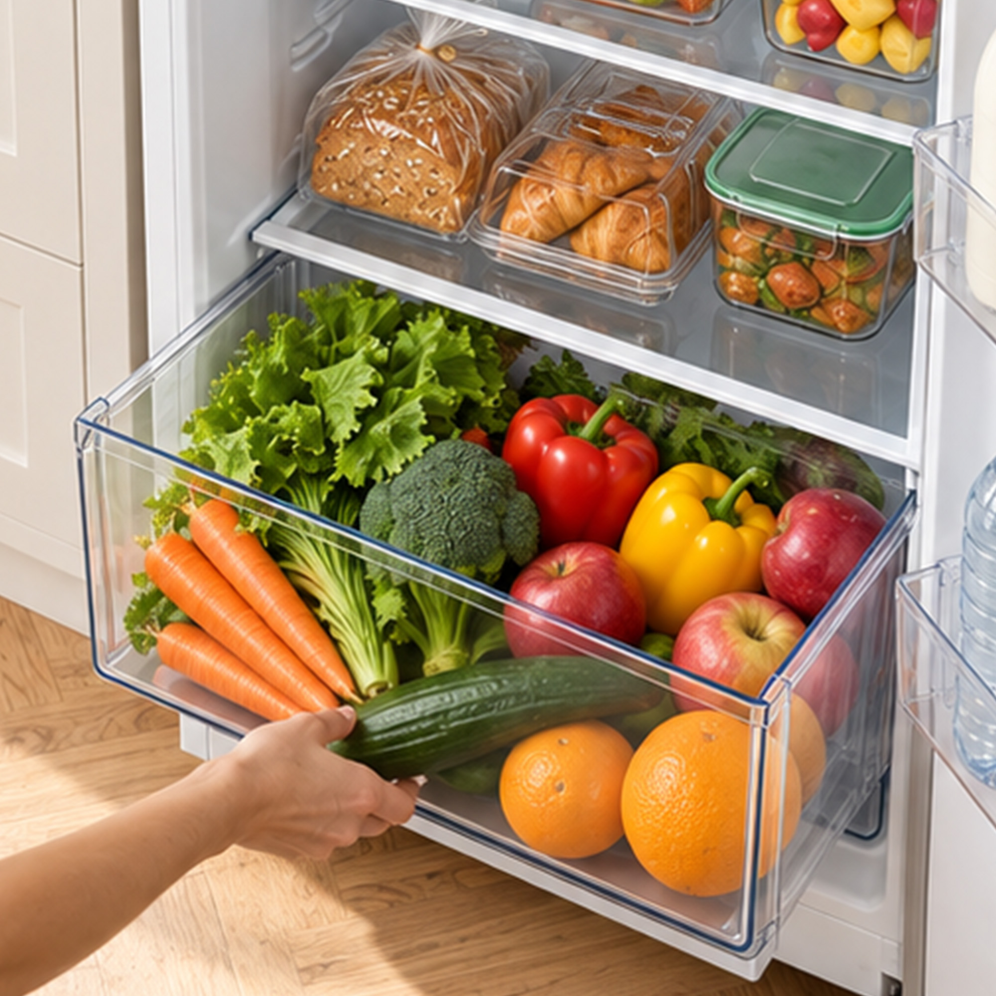A hand opens a refrigerator drawer filled with fresh vegetables and fruits, including carrots, lettuce, and peppers.