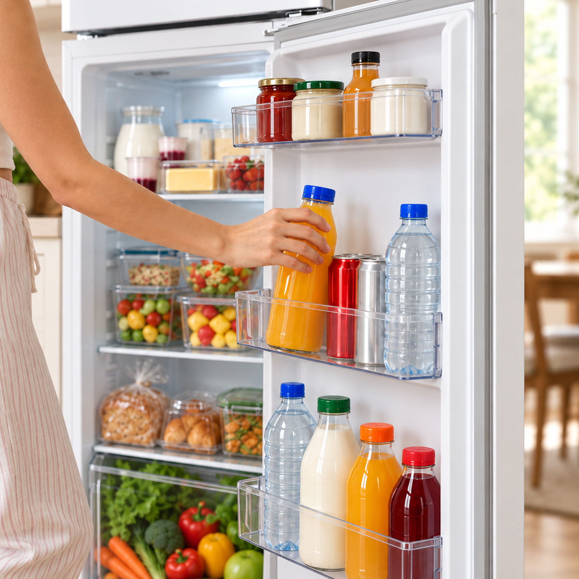 A woman reaches for a bottle of orange juice inside a well-stocked refrigerator.