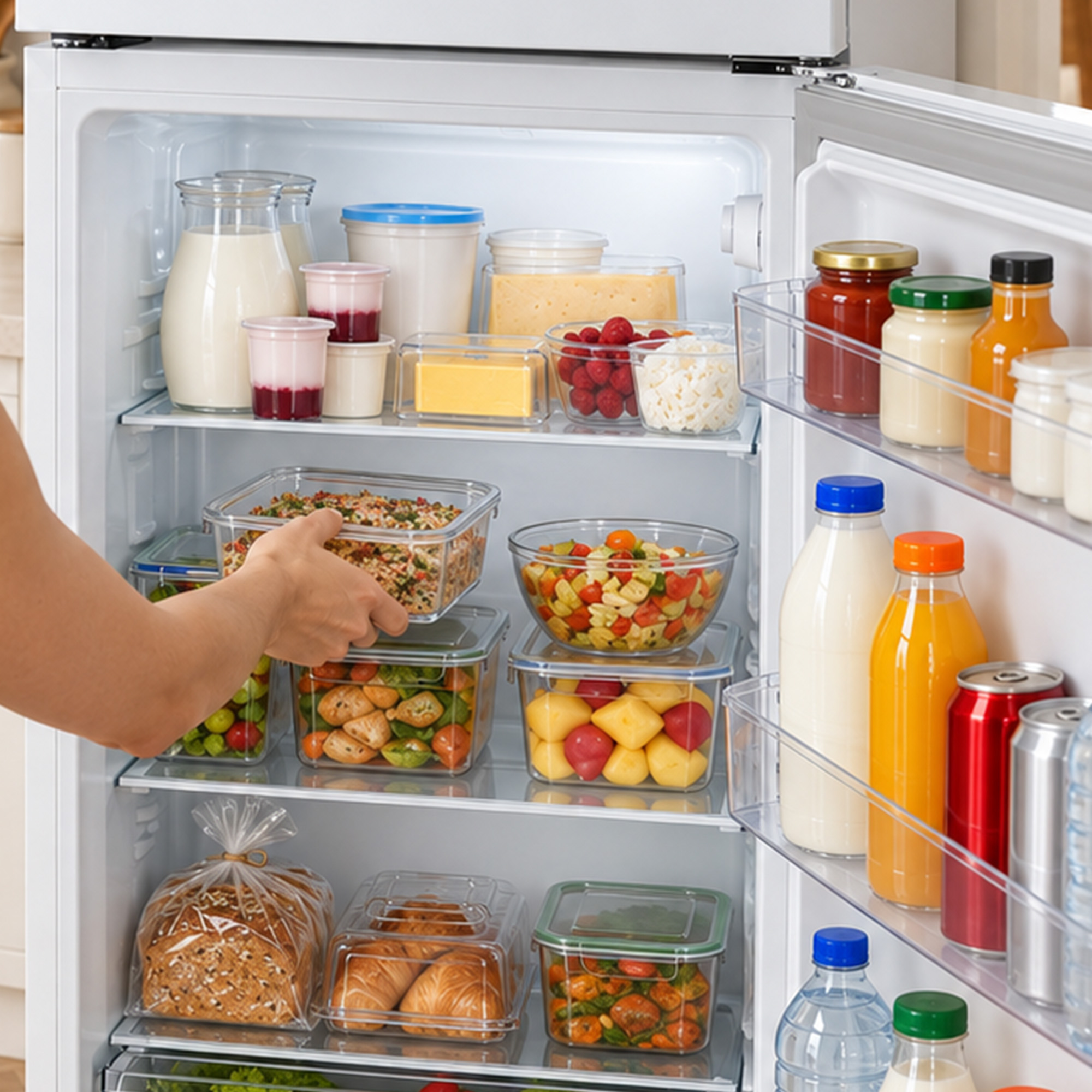 An open refrigerator is packed with healthy food, drinks, and meal prep containers.