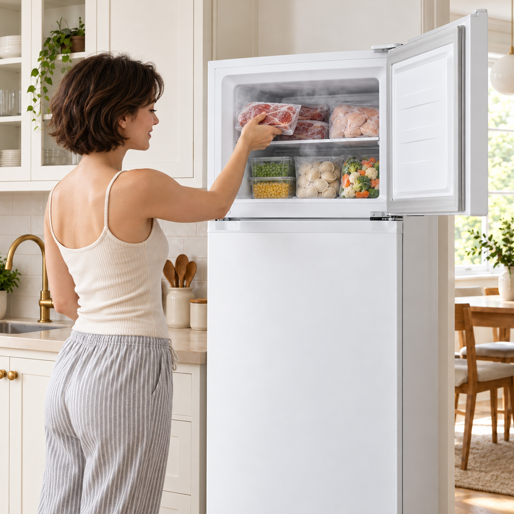 A woman in light clothing takes a bag of meat from the open freezer of a white refrigerator.