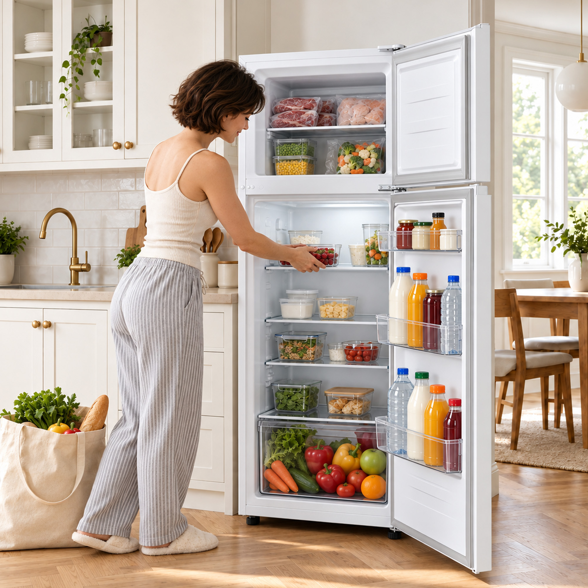 A woman in gray pants opens a fully stocked white refrigerator in a bright kitchen.