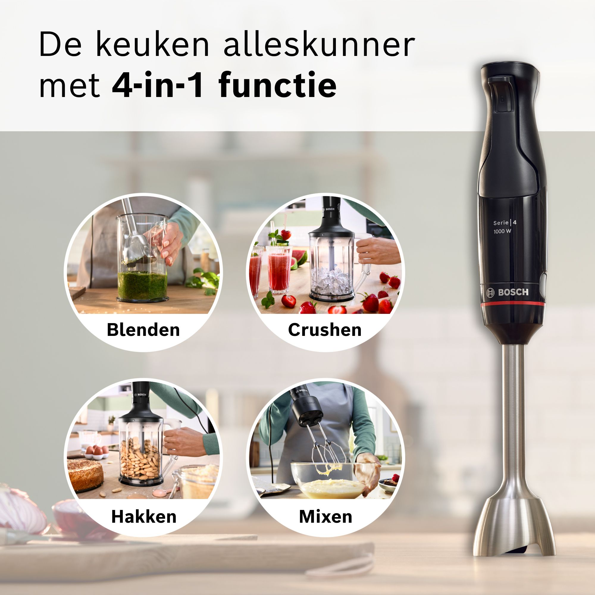 Czarny blender ręczny Bosch z czterema okrągłymi wkładkami pokazującymi funkcje blendowania, kruszenia i siekania.