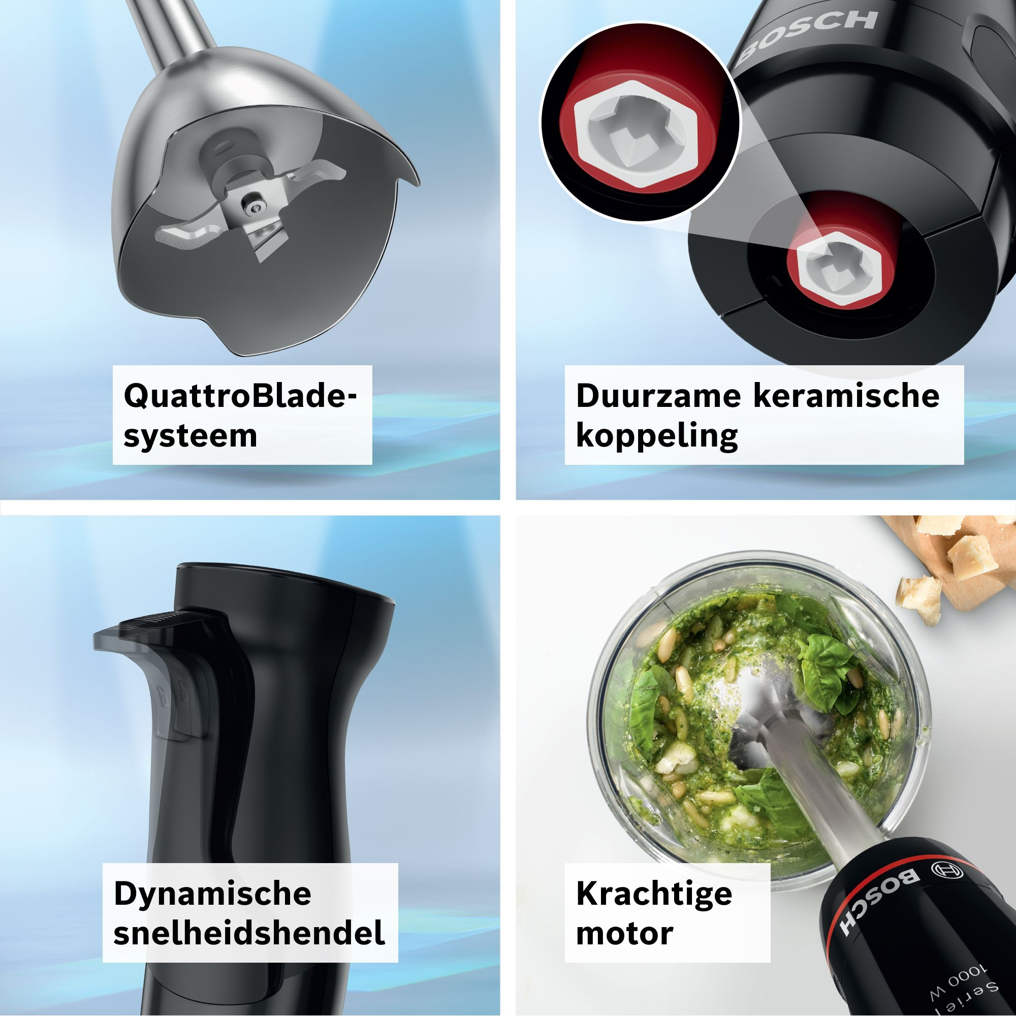 Cztery panele pokazują detale blendera Bosch: ostrza, ceramiczne sprzęgło, uchwyt i miksowanie.