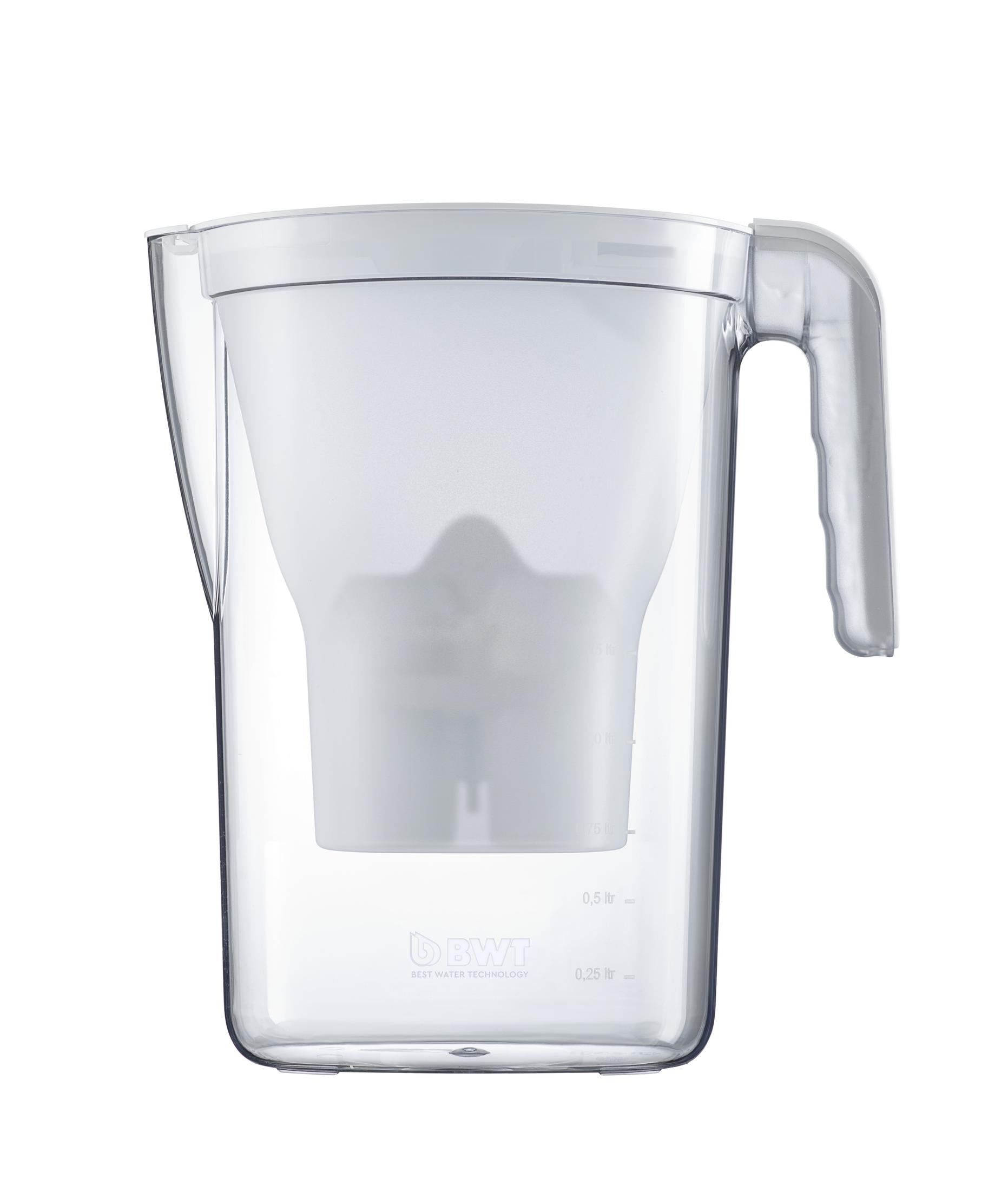 Una caraffa filtrante in plastica trasparente con imbuto interno e manico bianchi.