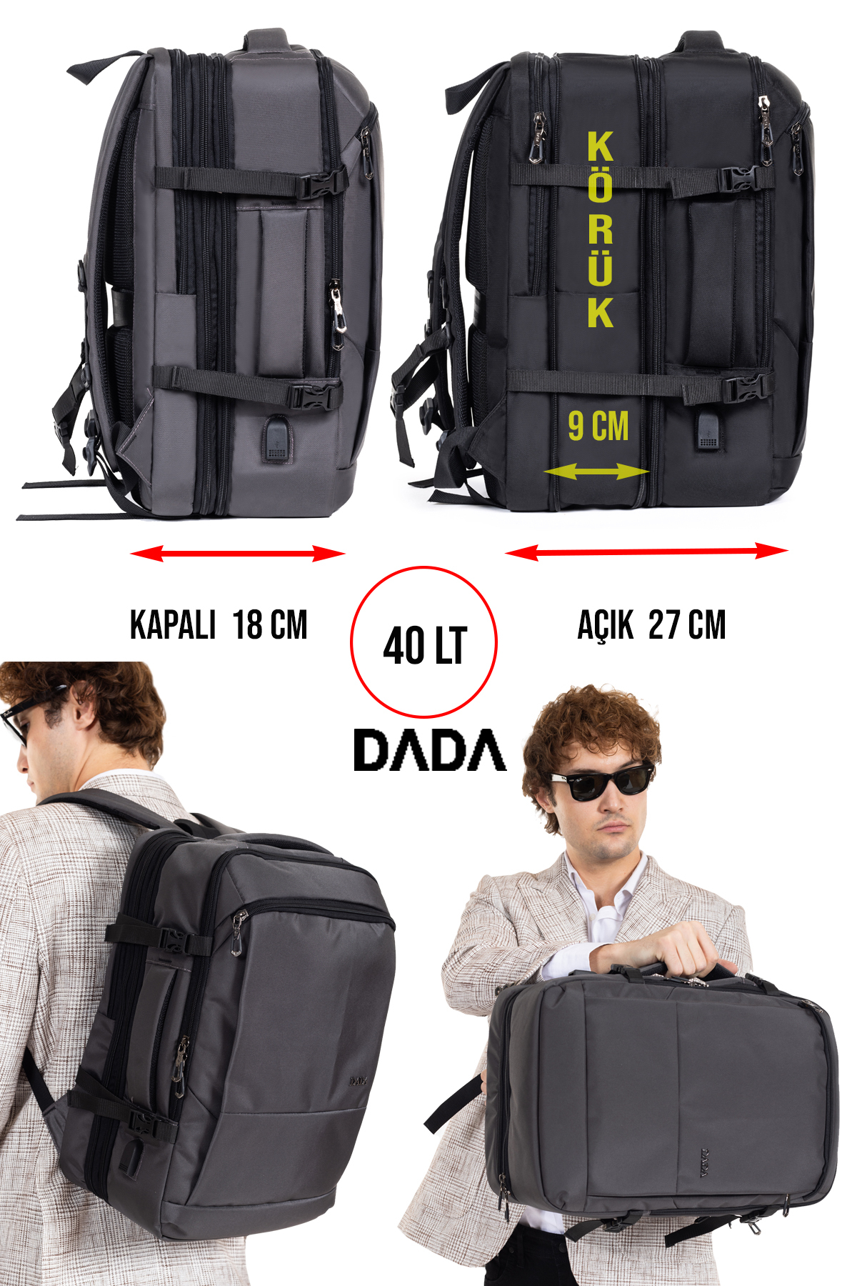 Kapalı ve açık halleri gösterilen, bir modelin sırtında ve elinde taşıdığı 40L DADA sırt çantası.