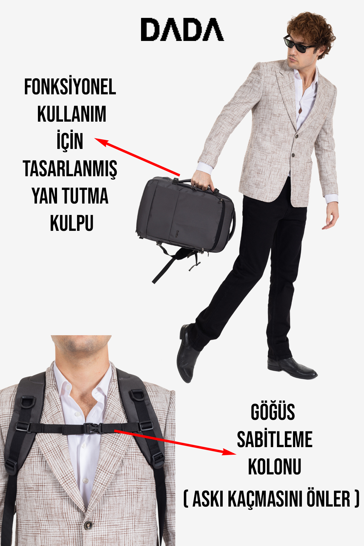 Gri sırt çantasını yan kulbundan tutan ve göğüs kayışını gösteren erkek.