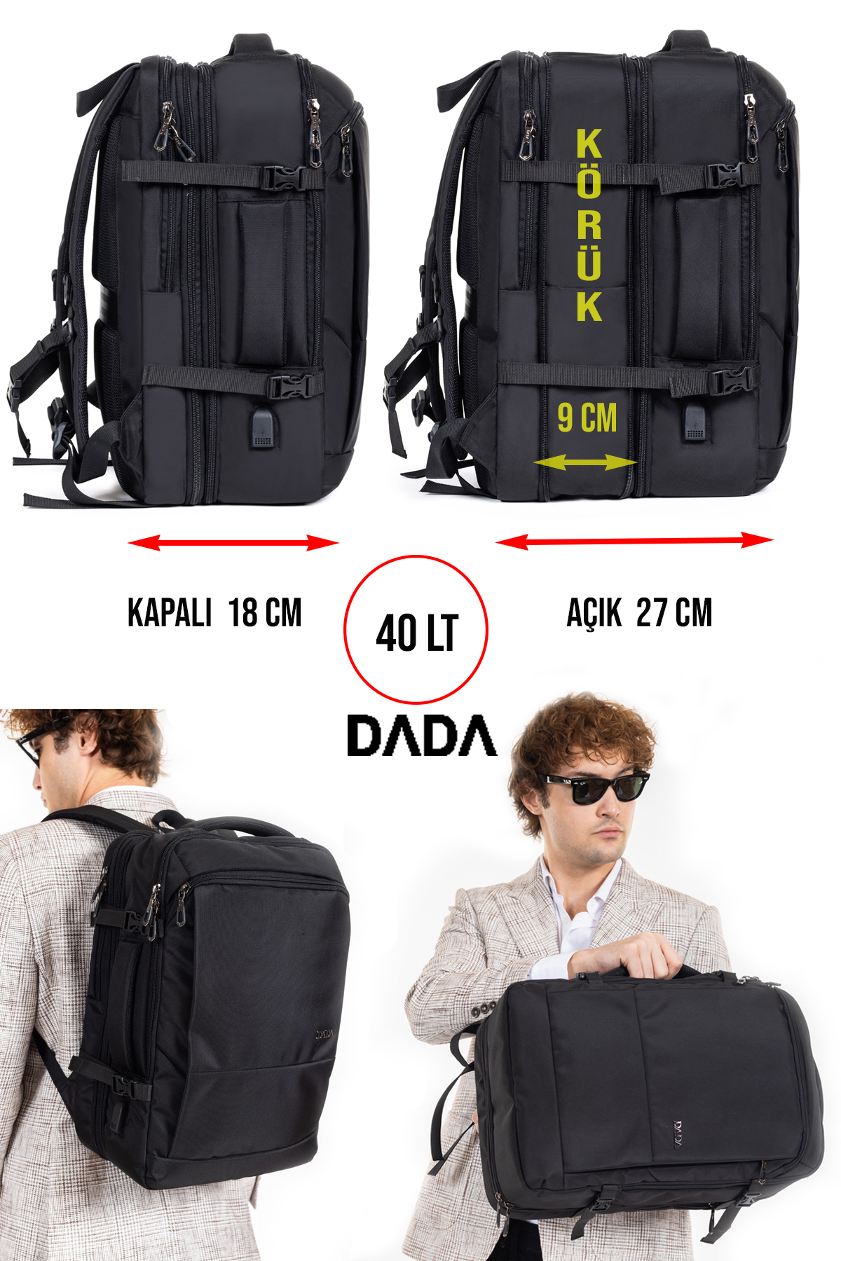 Kapalıyken 18 cm, açıkken 27 cm olan, 40 litre kapasiteli siyah DADA sırt çantası.