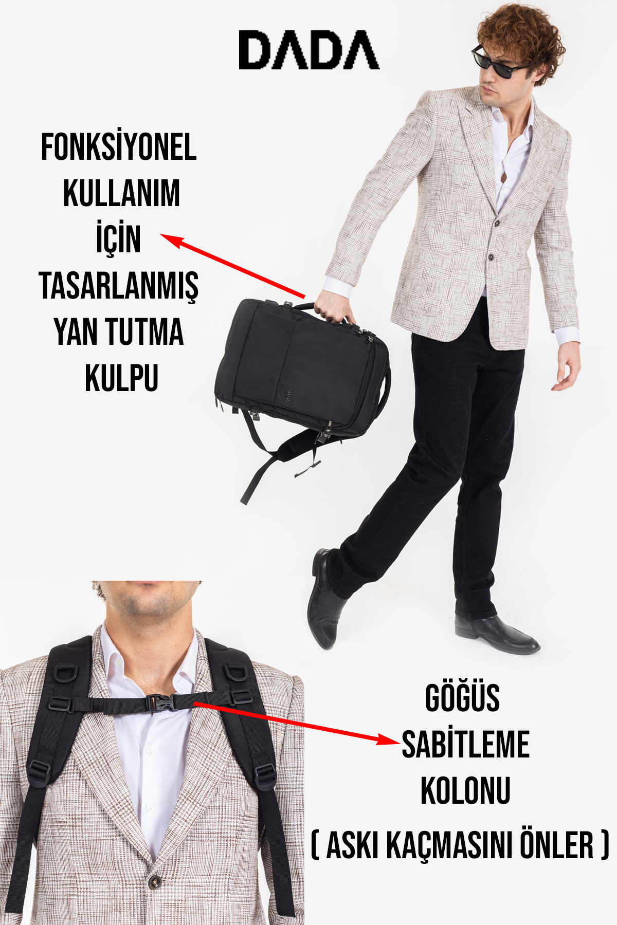 Ceketli model siyah sırt çantasını tutuyor, yan kulp ve göğüs bandı vurgulanıyor.