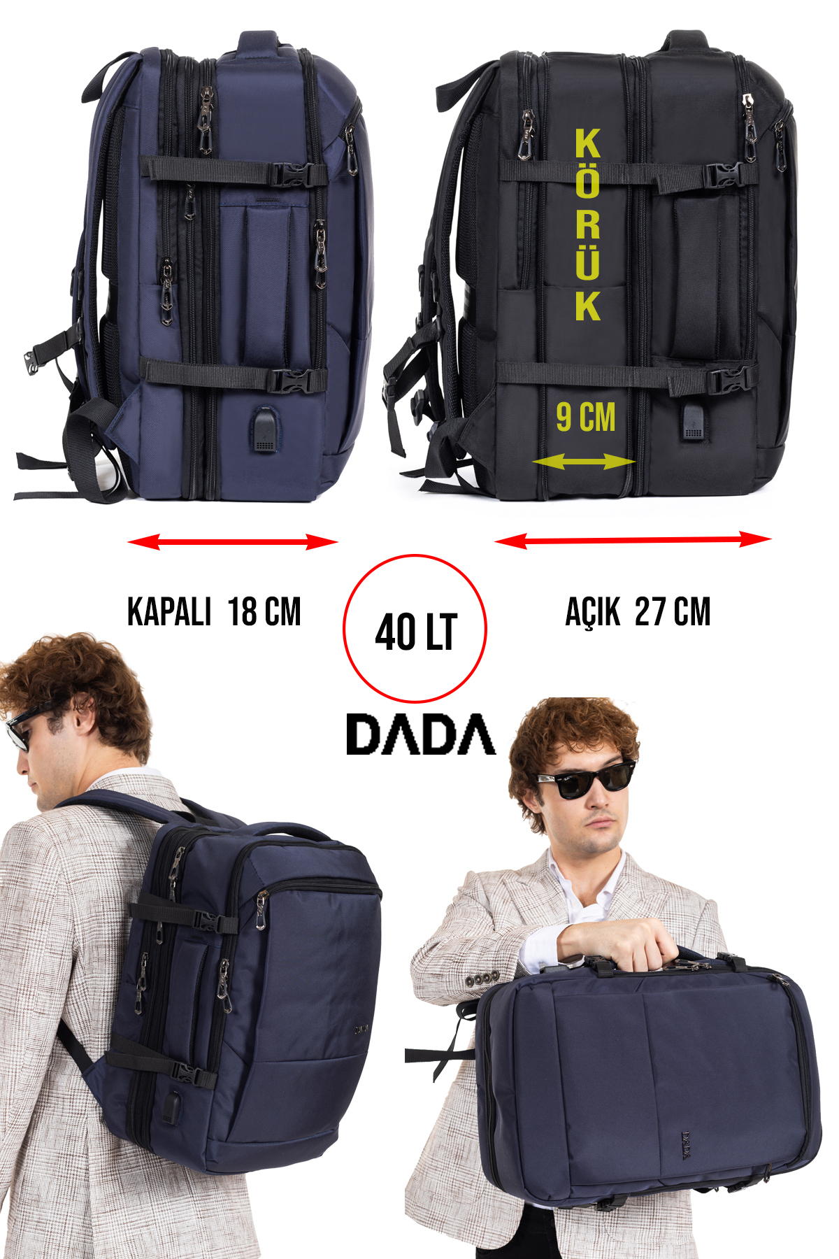 18 cm'den 27 cm'e genişleyen tasarıma ve 40 litre kapasiteye sahip DADA sırt çantası.